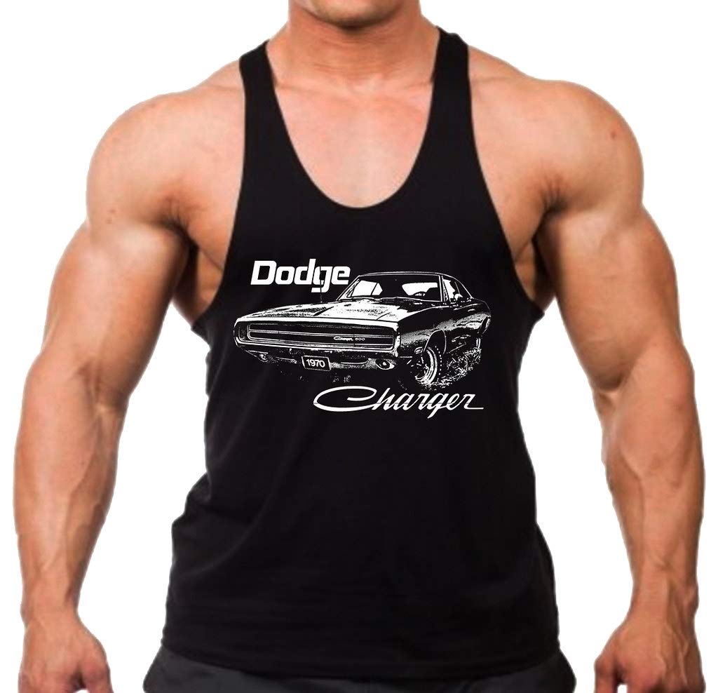 Vintage 1970 Dodge Charger Men's White & Black Stringer Tank Top - Retro Muscle Car Graphic Tee for Casual Wear, Car Enthusiasts & Gifts