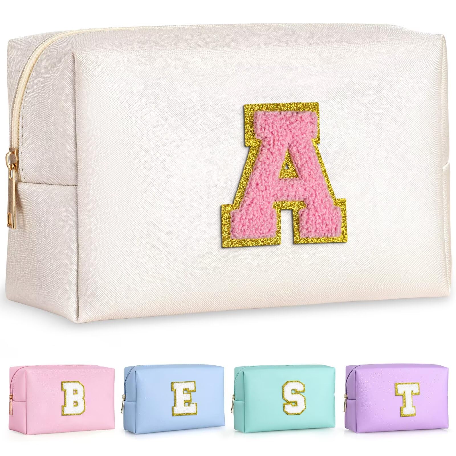 TOPEAST Personalized Initial Makeup Bag for Women & Girls - Cute Preppy Toiletry Travel Cosmetic Pouch - Best Birthday Easter Gift for Teen Girls Kids (White) - Perfect for Travel, School, Gym & Daily Use