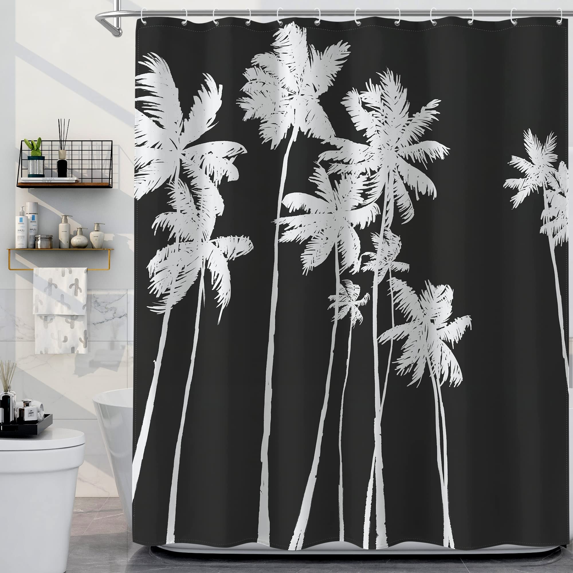 SUMGAR Black Shower Curtain with Coconut Palm Trees Design - Tropical Bathroom Decor Fabric Curtain Set with Hooks - 72x72 Inches - Perfect for Beach Theme Bathrooms & Vacation Home Decor