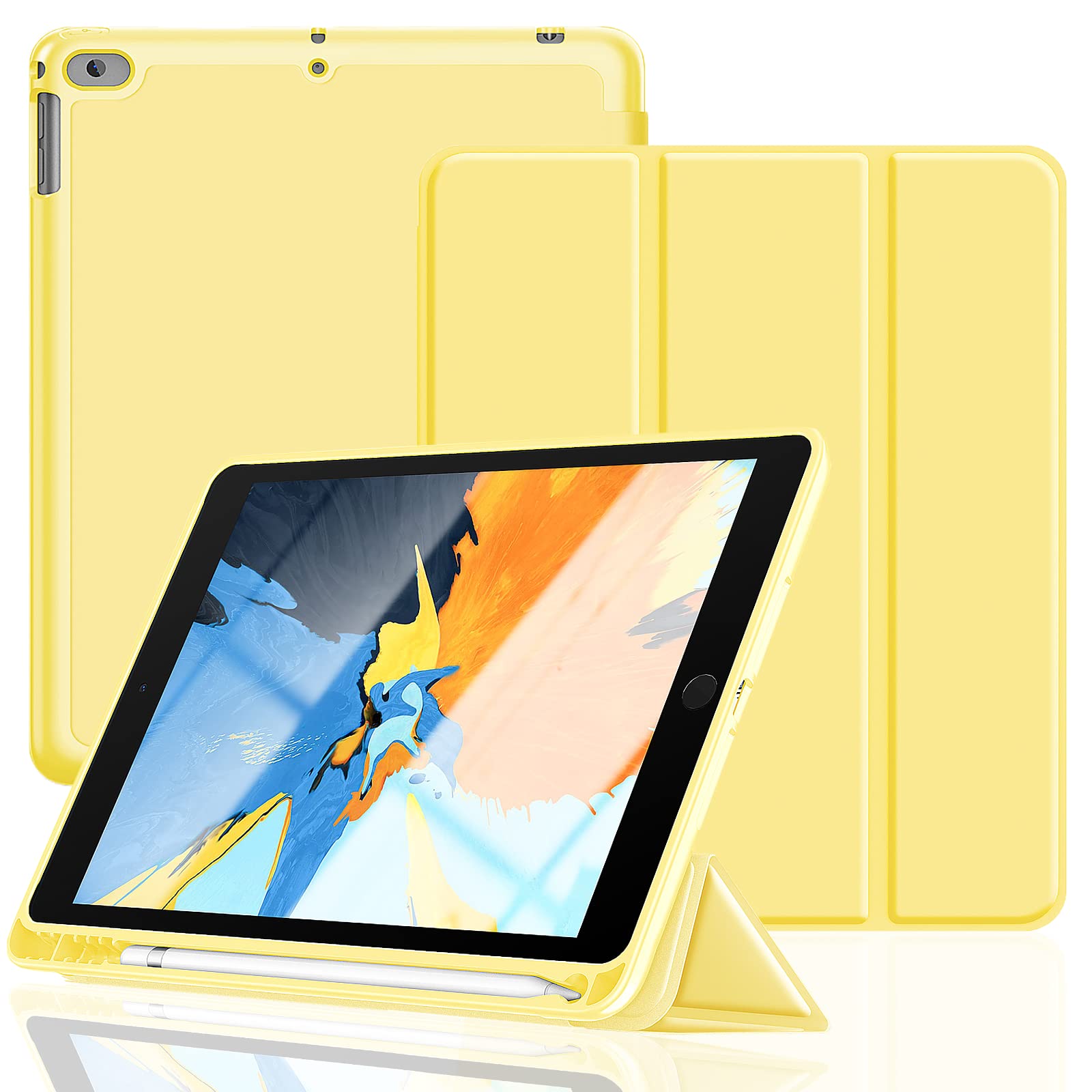 Gahwa iPad 9.7 Inch Protective Case with Built-in Pencil Holder - Compatible with iPad 6th Gen 2018/5th Gen 2017 & iPad Air 2/Air - Auto Sleep/Wake Feature - Durable Cover for School, Work & Travel (Yellow)