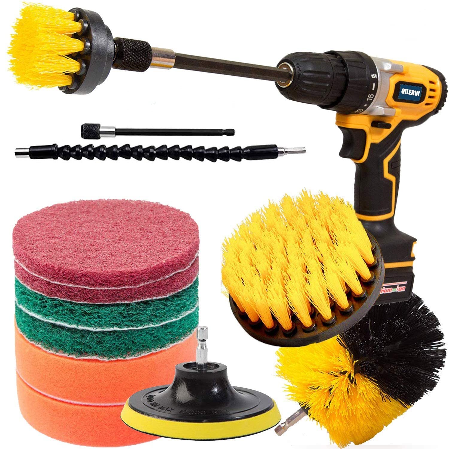 Drill Brush Attachments Set - 13pcs Power Scrubber Brushes with Extend Attachment, Scouring Pads, Buffing Pads & Sponge for Car Detailing, Kitchen Cleaning, Bathroom Scrubbing & Surface Polishing