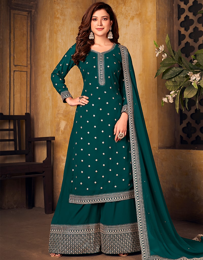 Elegant Bottle Green Faux Georgette Palazzo Suit for Women - Perfect for Weddings, Parties & Festive Occasions