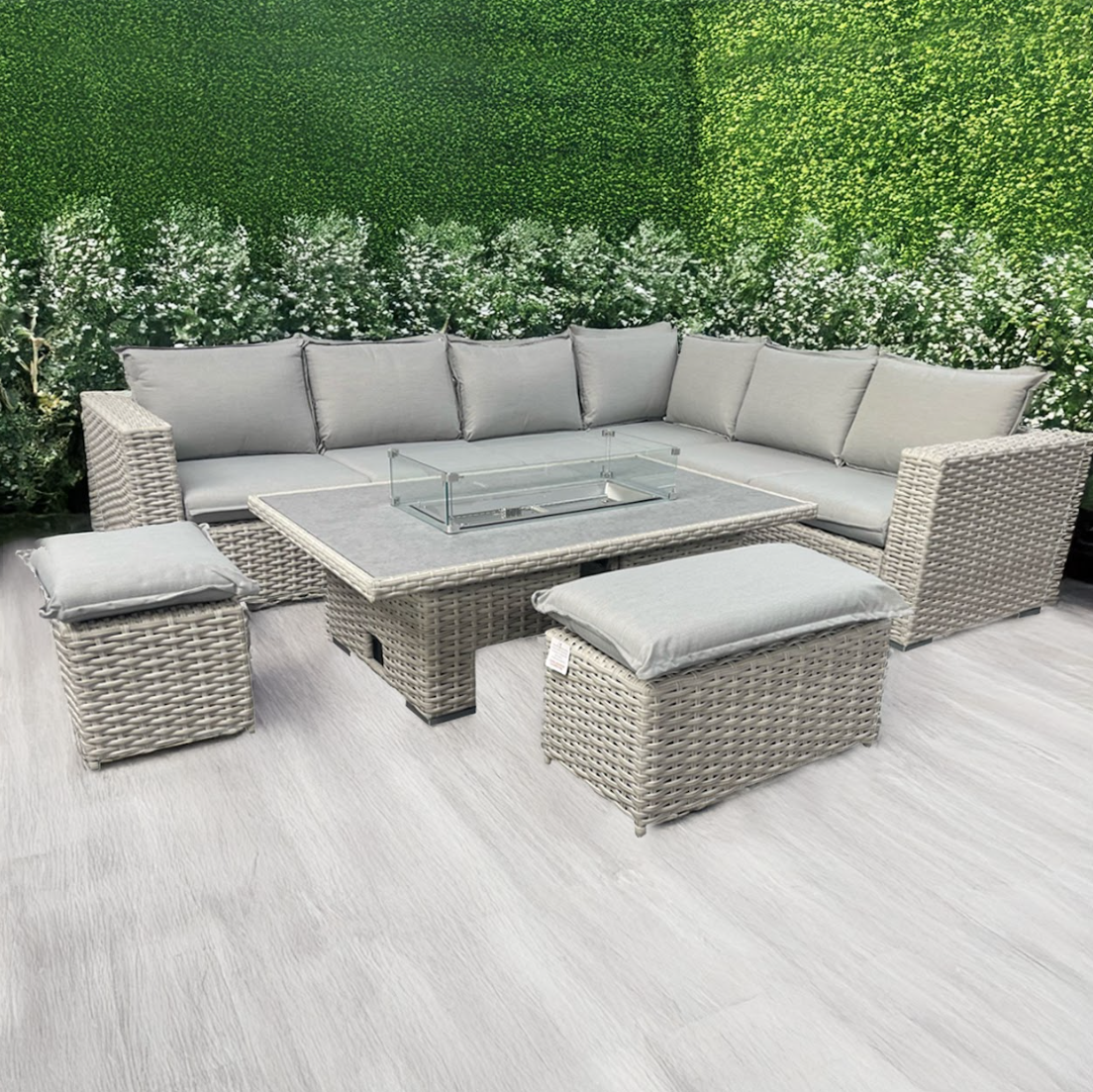 Premium L-Shaped Rattan Patio Furniture Set with Fire Pit Table – Outdoor Lounge Seating for Garden, Poolside & Backyard Relaxation