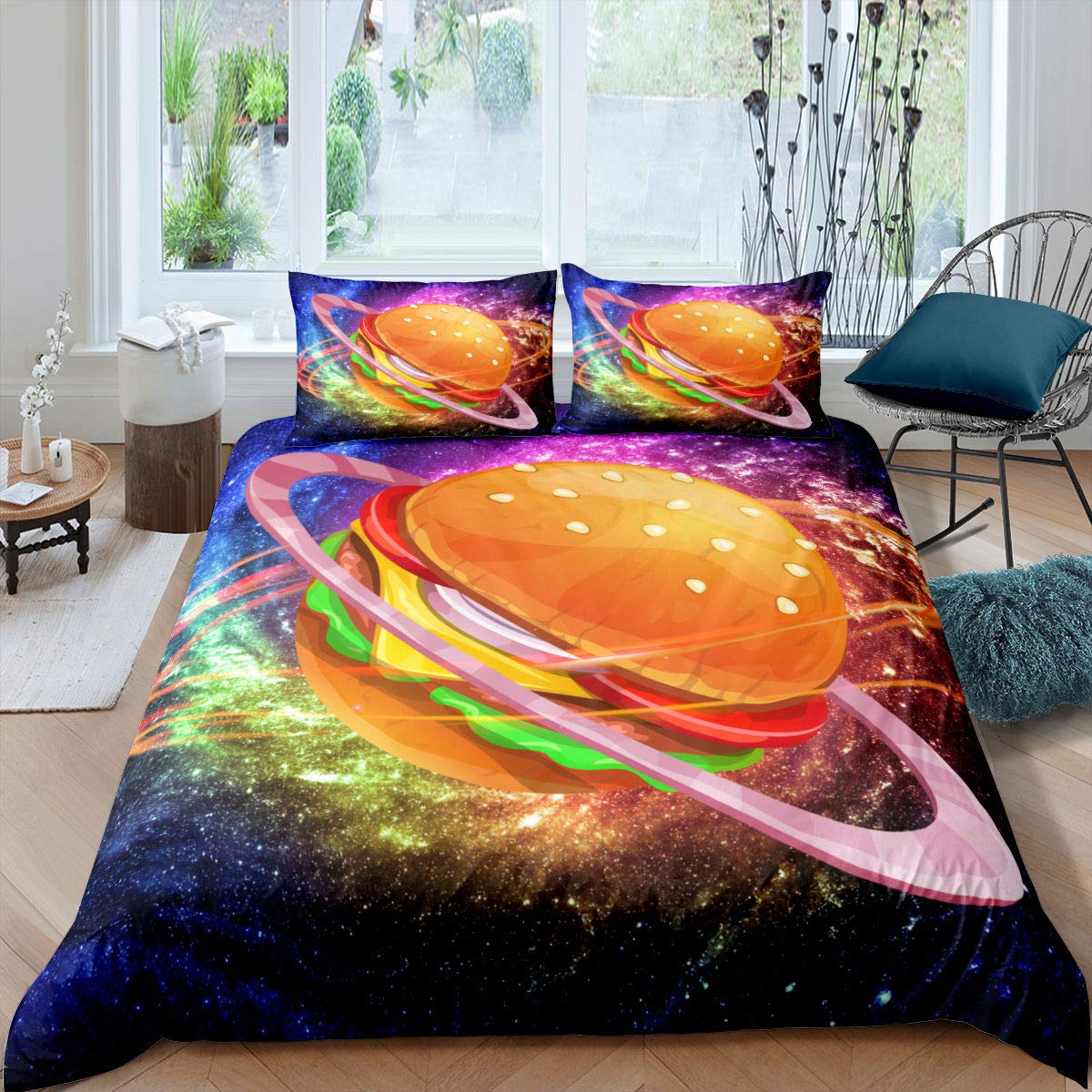 **Galaxy Print Duvet Cover for Kids - Space Universe Bedding Set with Hamburger Planets, Milky Way Design for Boys & Girls - Perfect for Themed Bedrooms, Sleepovers & Space Enthusiasts**