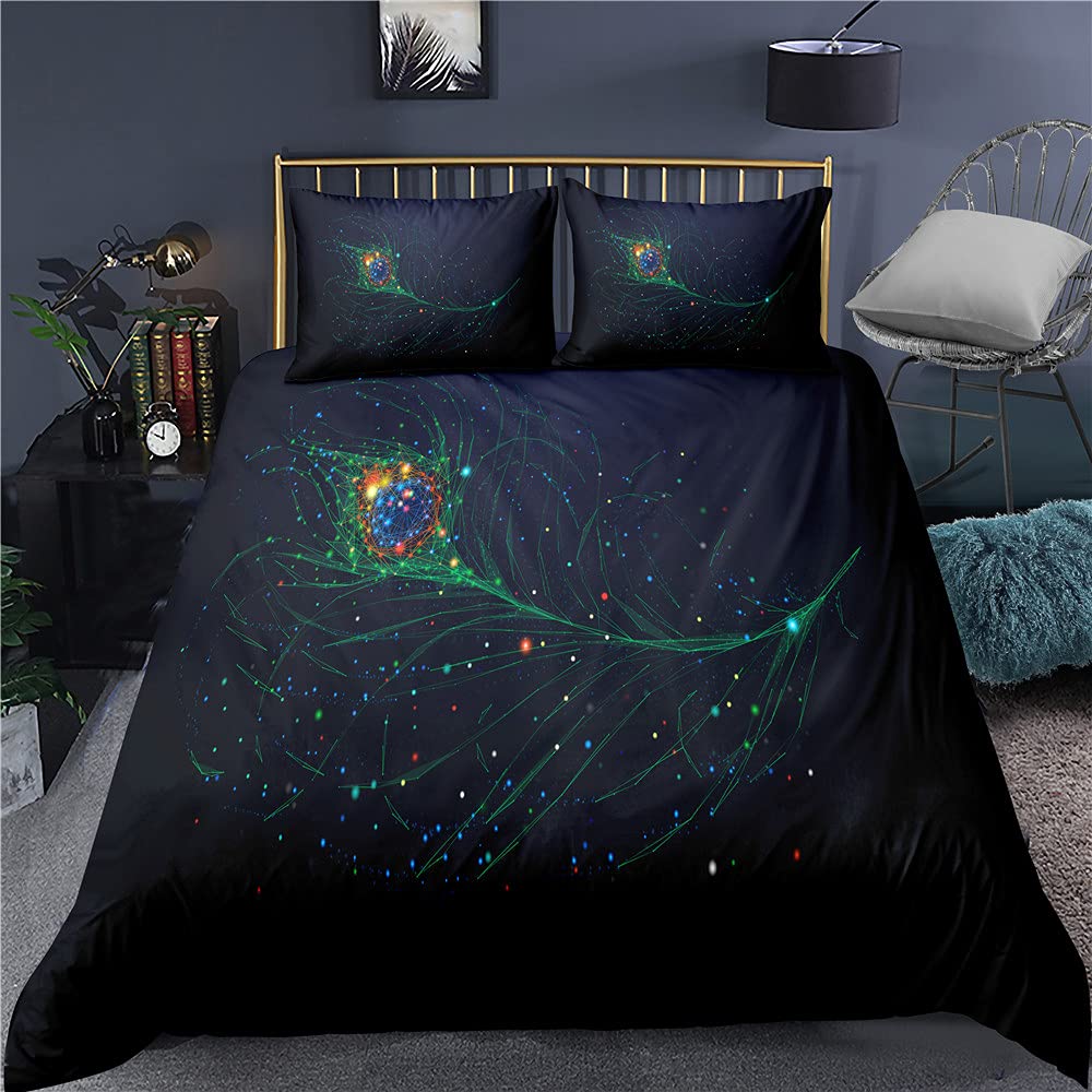 NBKLS Peacock Feather Duvet Cover Set - 3-Piece King Size Bedding (79x79in + 32x32in) for Men & Women | Luxury Peacock Theme Quilt Cover with Feather Pattern | Perfect for Master Bedroom Decor, Guest Room Styling & Seasonal Home Decoration