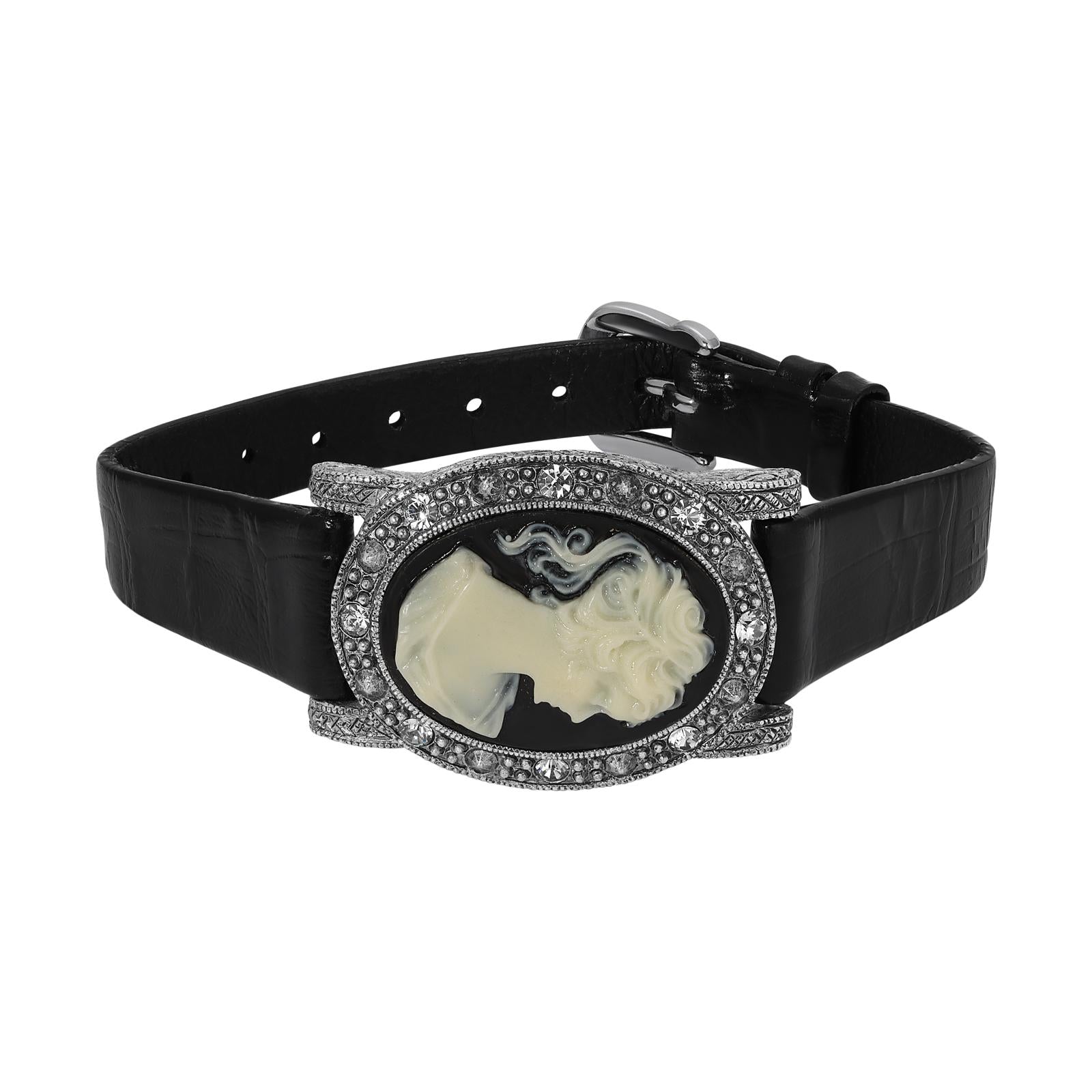 1928 Jewelry Black Diamond Crystal Cameo Crocodile Print Leather Belt Bracelet - Vintage Style Adjustable Fashion Jewelry for Women, Perfect for Parties, Weddings & Special Occasions