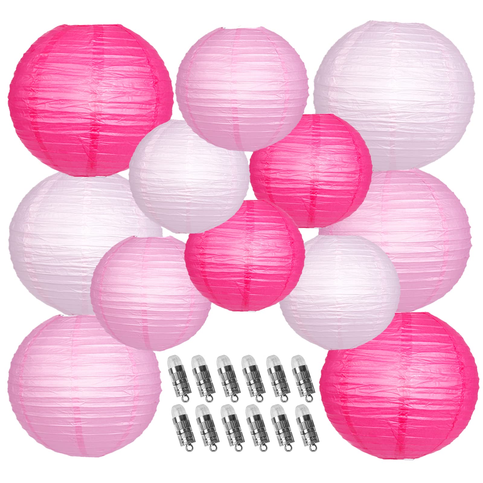 12 Pack Pink LED Chinese Paper Lanterns with Lights - Hanging Round Decorative Lanterns for Engagement, Bachelorette, Birthday Party & Wedding Decor | Indoor/Outdoor Event Lighting