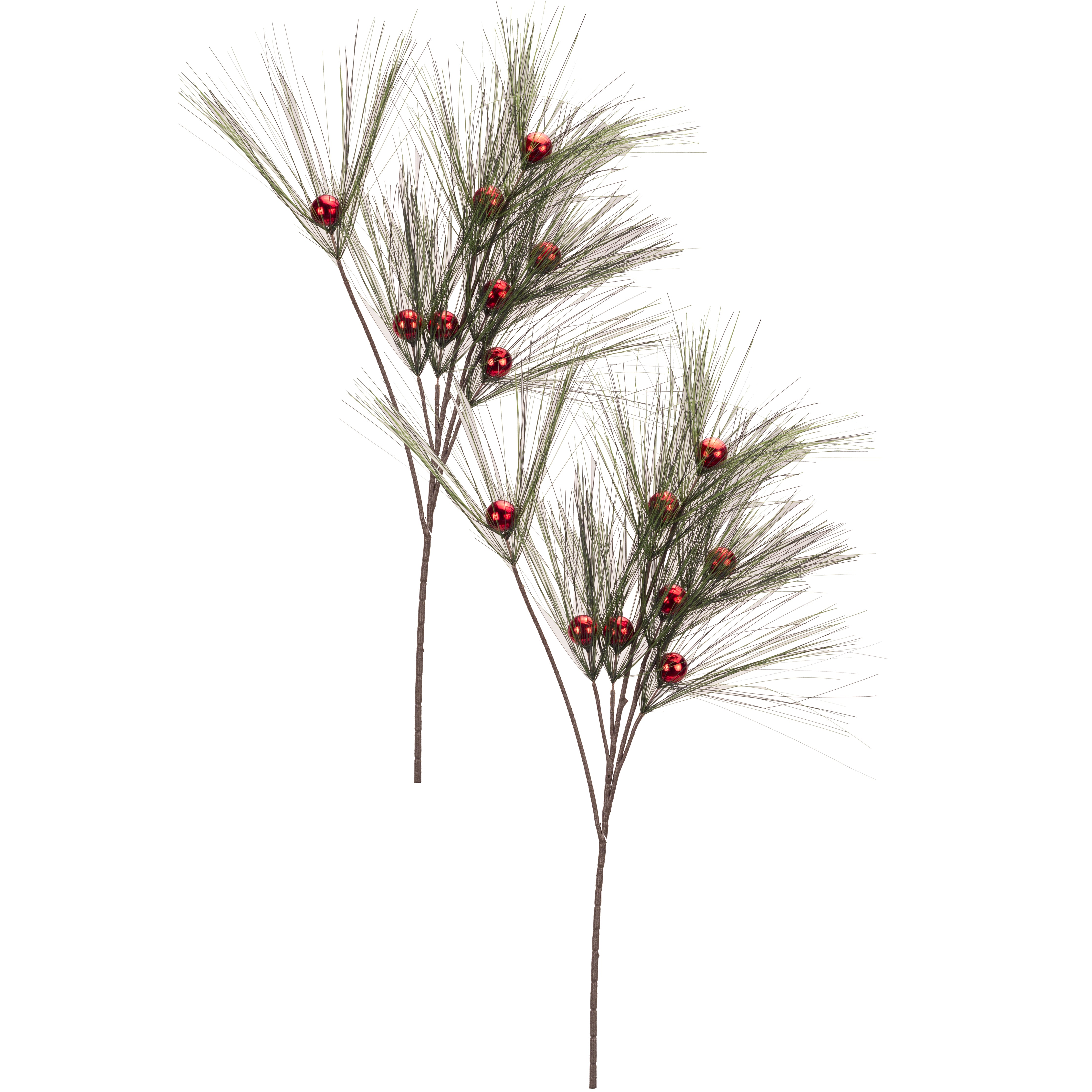 2 Pack of 32 Pine Christmas Tree Sprays with 8 Red Miniature Ornament Accents - Perfect for Holiday Decor, Wreaths, and Festive Home Styling
