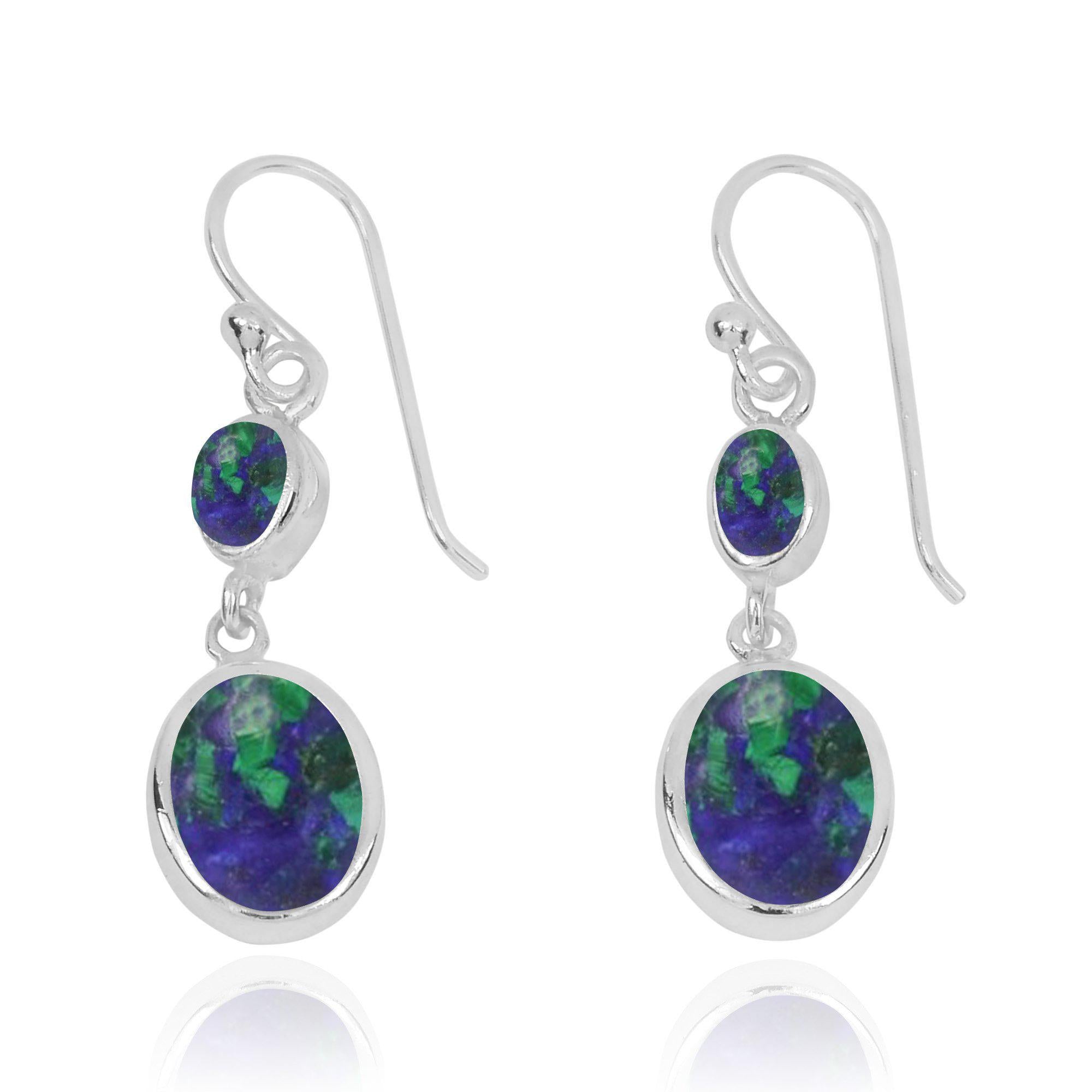 Azurite Malachite Oxidized Silver Drop Earrings - 1 Oval Gemstone Dangle Earrings for Women | Perfect for Boho Chic, Evening Wear & Special Occasions