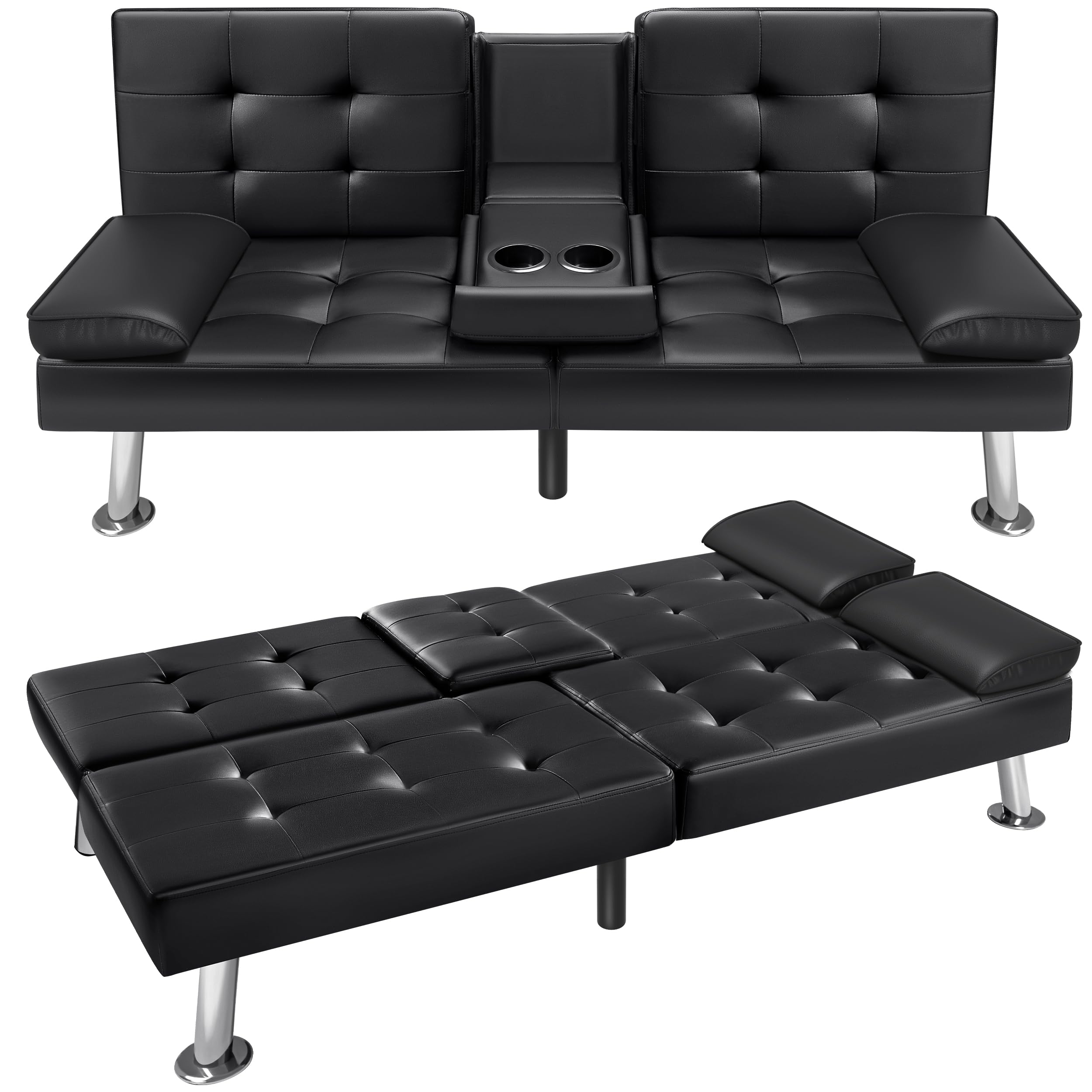VICTONE Modern Faux Leather Futon Sofa Bed - Convertible Folding Recliner Couch with 2 Cup Holders & Armrests for Living Room, Guest Room or Small Space (Black) | Multi-Functional Sleeper Sofa for Apartments, Dorms and Home Office