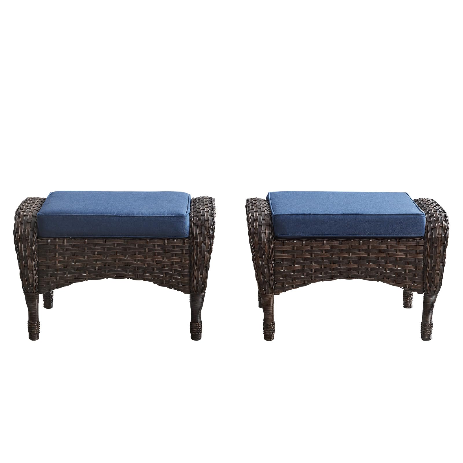 25 Inch All-Weather PE Wicker Ottoman Set of 2 - Outdoor Foot Stool for Patio, Balcony, Deck & Backyard - Brown Rattan Footrest for Relaxing, Lounging & Entertaining