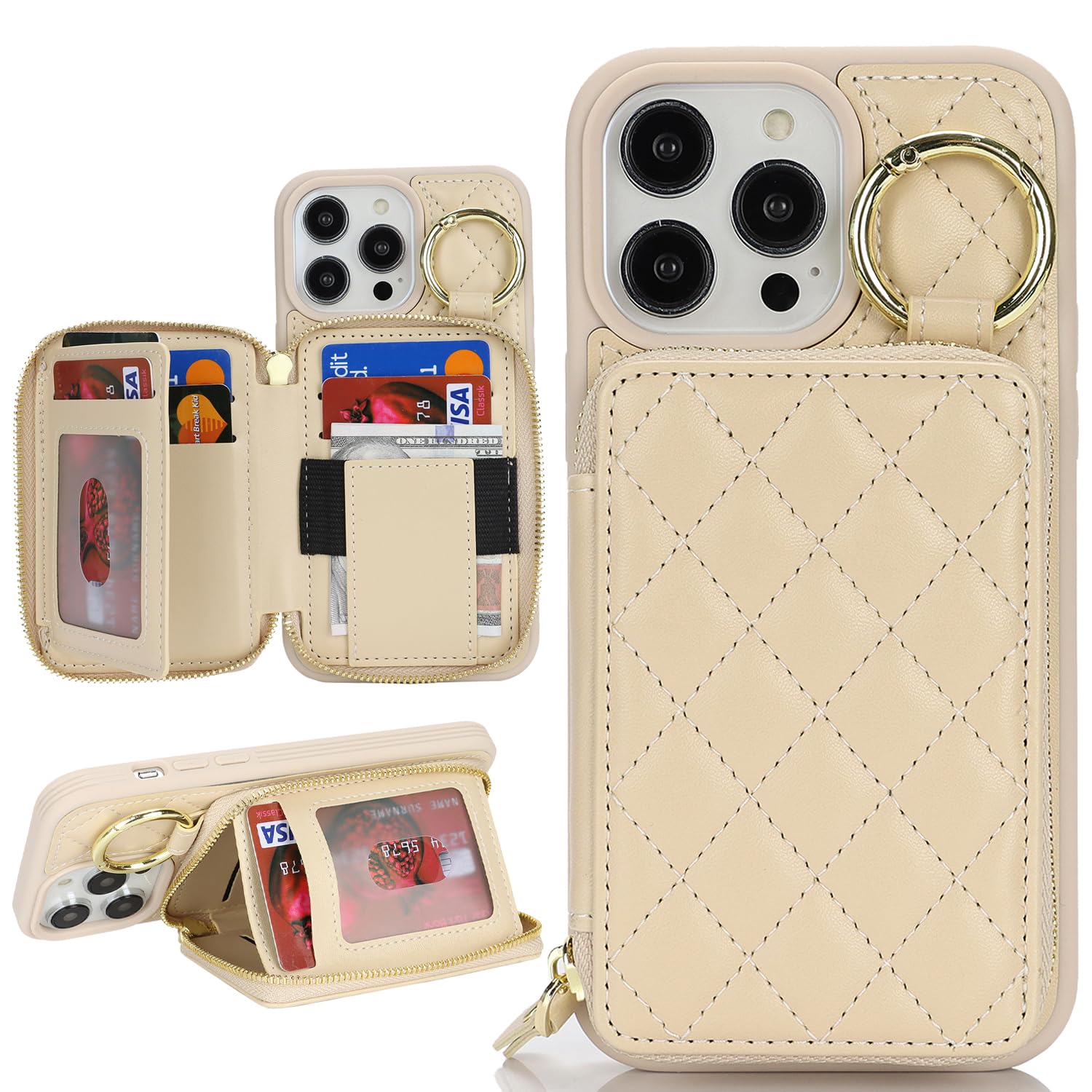 Premium Leather Wallet Case for iPhone 13 Pro Max with Card Holder, Zipper Pocket & Kickstand | Slim Protective Phone Cover for Men & Women (White) - Perfect for Everyday Use, Travel & Hands-Free Viewing