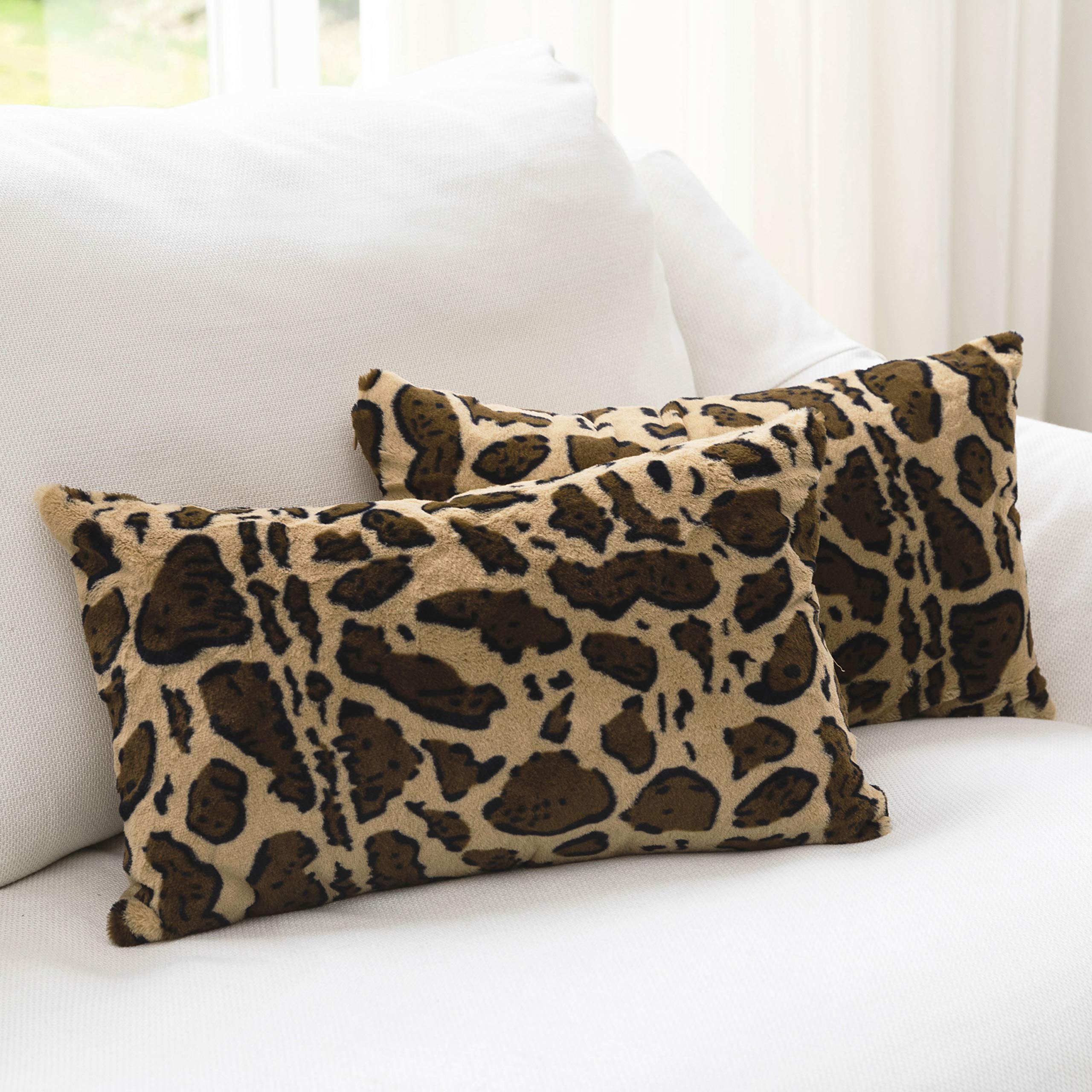 Set of 2 Leopard Print Throw Pillows - Soft Velvety Faux Fur Decorative Lumbar Couch Pillows 12x20 Inches for Living Room Sofa, Bedroom Decor & Cozy Home Accents
