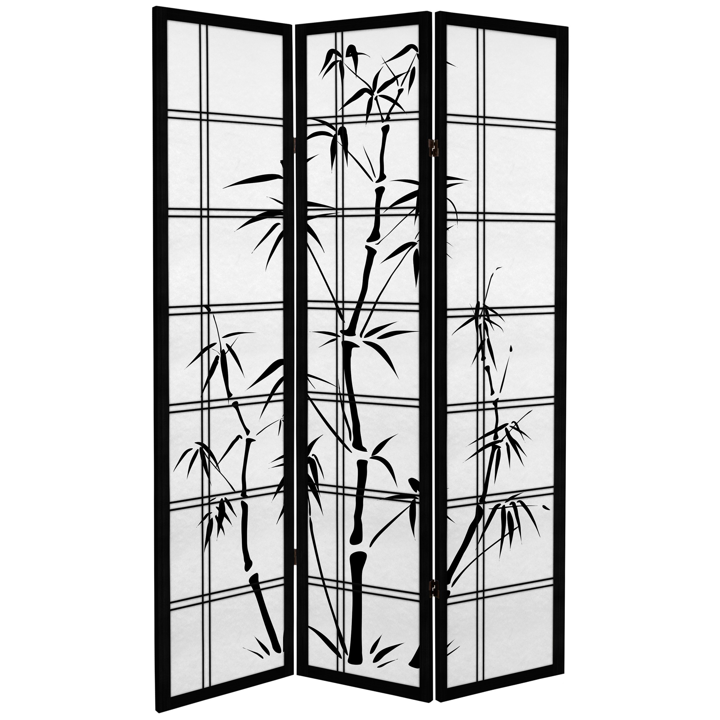 6 ft. Tall Black Canvas Bamboo Room Divider - 3 Panel Oriental Folding Screen for Home Office, Living Room & Bedroom Privacy