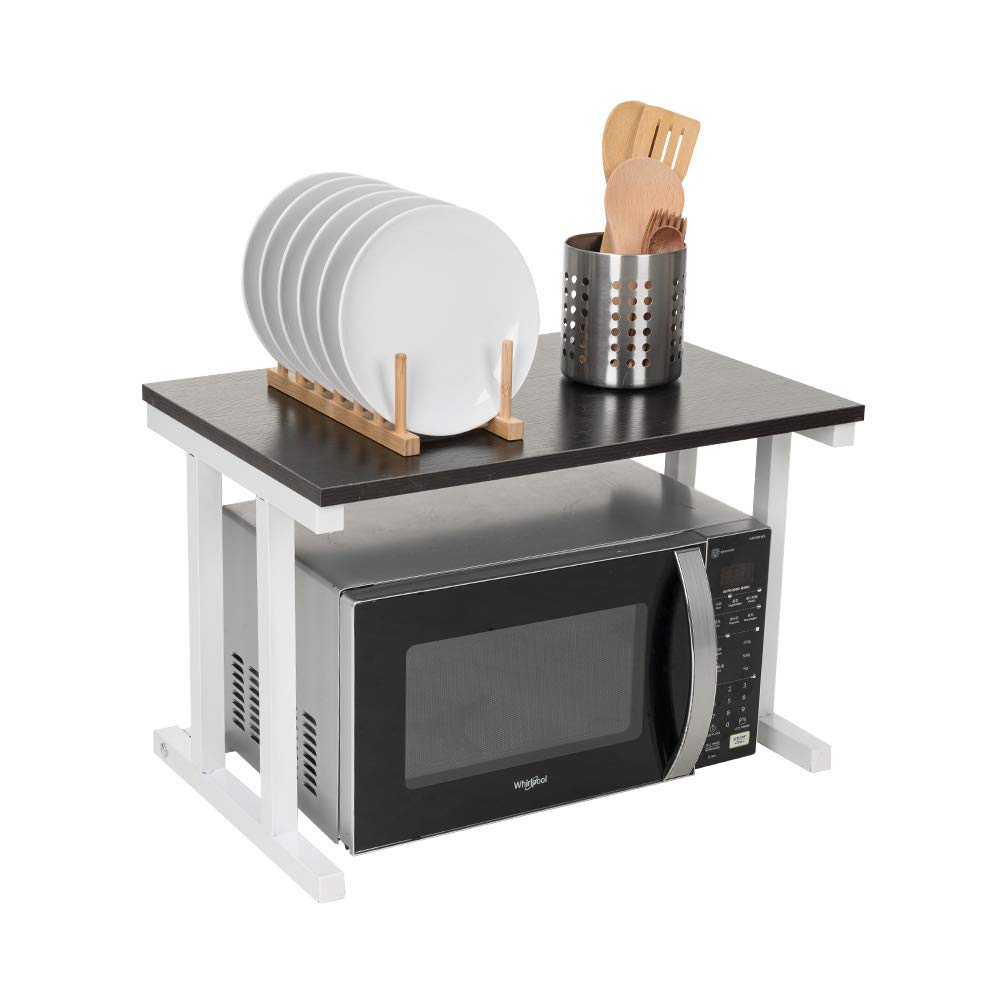 2-Tier Wooden Microwave Oven Rack - Black Kitchen Counter Shelf Organizer | Space Saving Solution for Microwave, Printer & Small Appliances | Perfect for Small Kitchens, Office Desks & Dorm Rooms