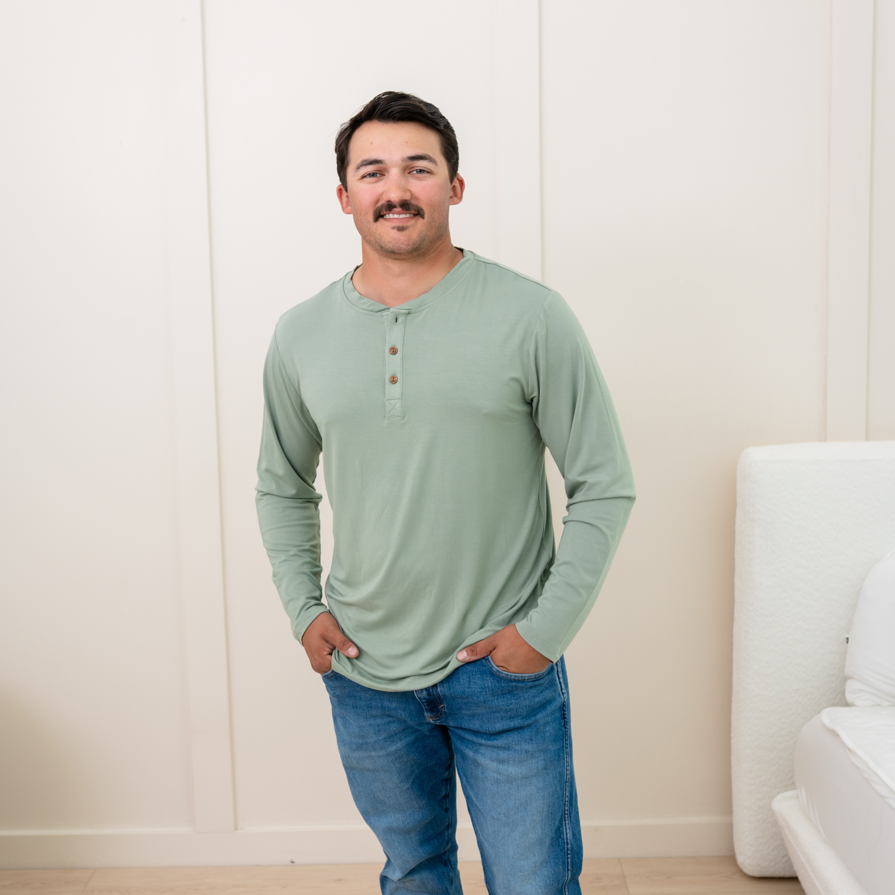 Premium Men's Long Sleeve Henley Shirt - Soft Cotton Blend Crewneck Pullover in Thyme Green | Casual & Workwear Essential for Everyday Comfort