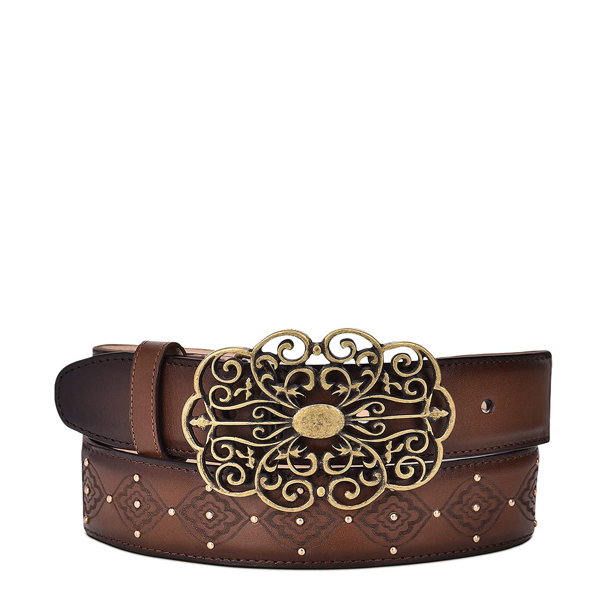 **CUADRA Women's Western Belt - Genuine Brown Bovine Leather with Studs - Perfect for Cowgirl Boots, Jeans & Country Style Outfits**
