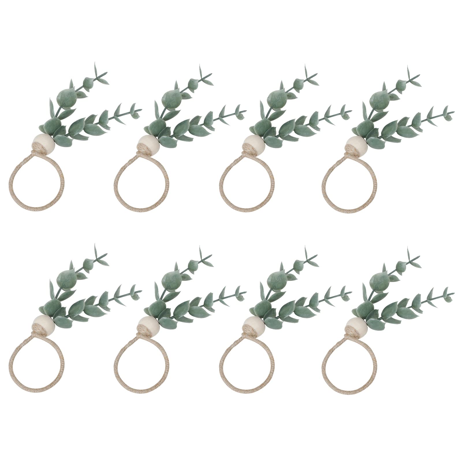 Flueyer Set of 8 Handmade Eucalyptus Leaf Napkin Rings with Rustic Wooden Beads - Elegant Table Decor for Weddings, Dinner Parties, Banquets & Holiday Celebrations