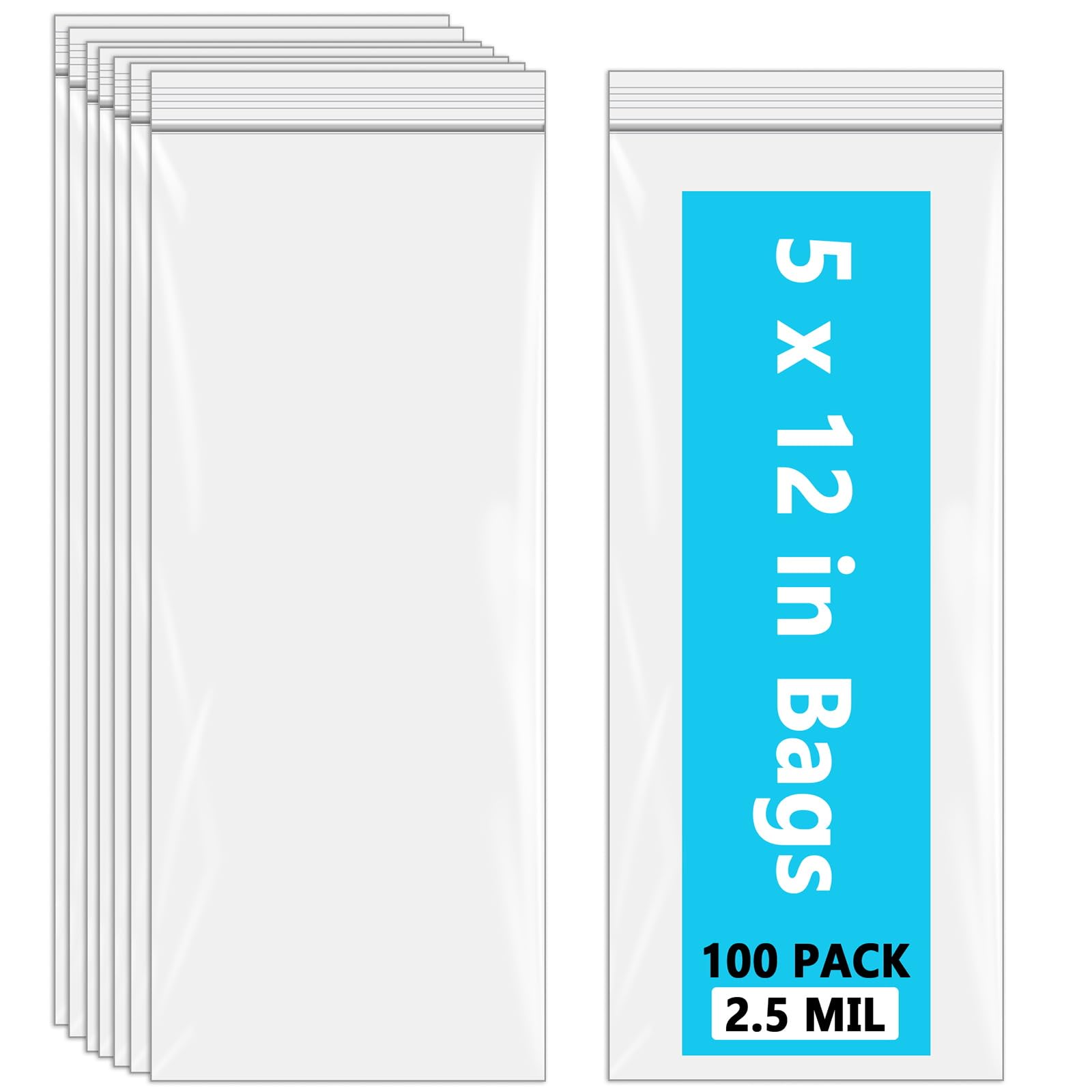 100 Pack 5x12 Inches Clear Plastic Zip Bags - 2.5 Mil Thick Reusable Storage Bags with Zipper Closure for Food, Jewelry, Crafts & Office Supplies Organization