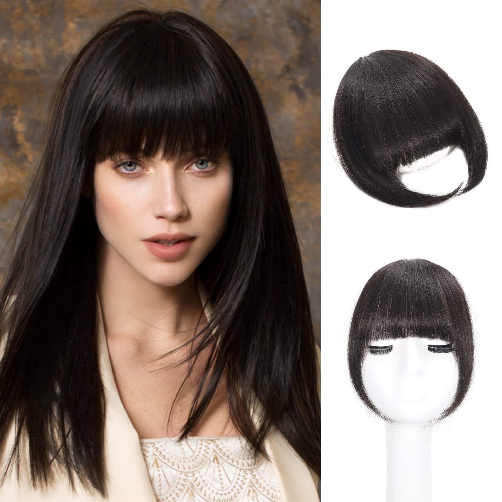 Clip in Bangs - 100% Human Hair Brown & Black French Bangs Hairpiece | Fake Bangs Clip-in Hair Extensions for Women | Natural-Looking Curved Bangs for Daily Wear & Cosplay