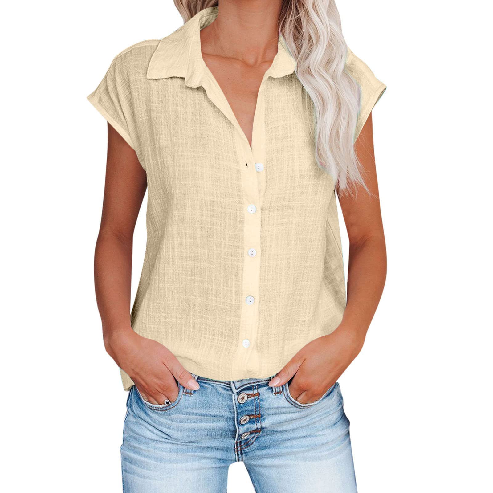 Trendy Women's Cotton Linen Short Sleeve Blouses - Loose Fit Casual & Dressy Tops for Summer 2024 | Perfect for Office Wear, Weekend Outings & Beach Vacations