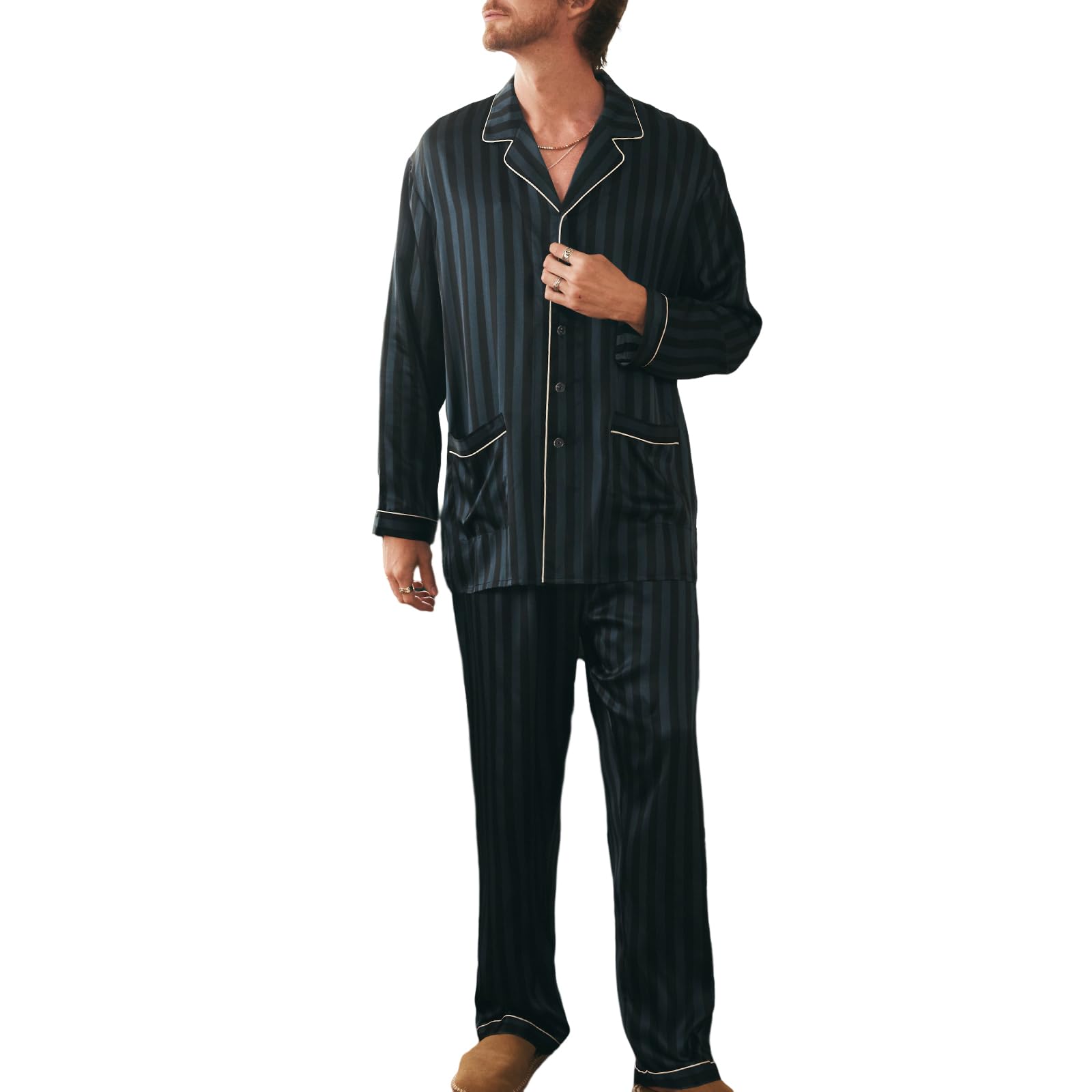 Luxury Men's Silk Pajama Set - 2PC Long Sleeve Button Down Sleepwear for Men | Soft & Breathable Silk PJs for Lounge, Sleep & Relaxation | COLD POSH Premium Silk Pajamas