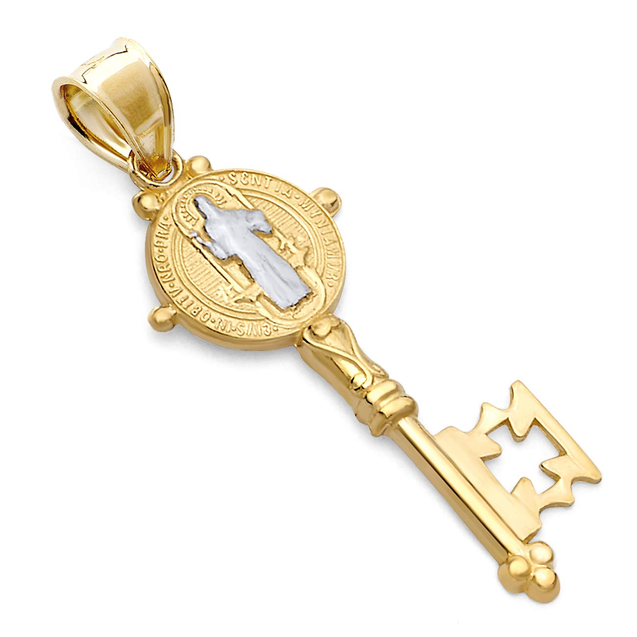 14K Yellow and White Gold Two-Tone Religious Key Charm Pendant - Elegant Necklace for Women, Perfect for Gifts, Baptism, and Everyday Wear