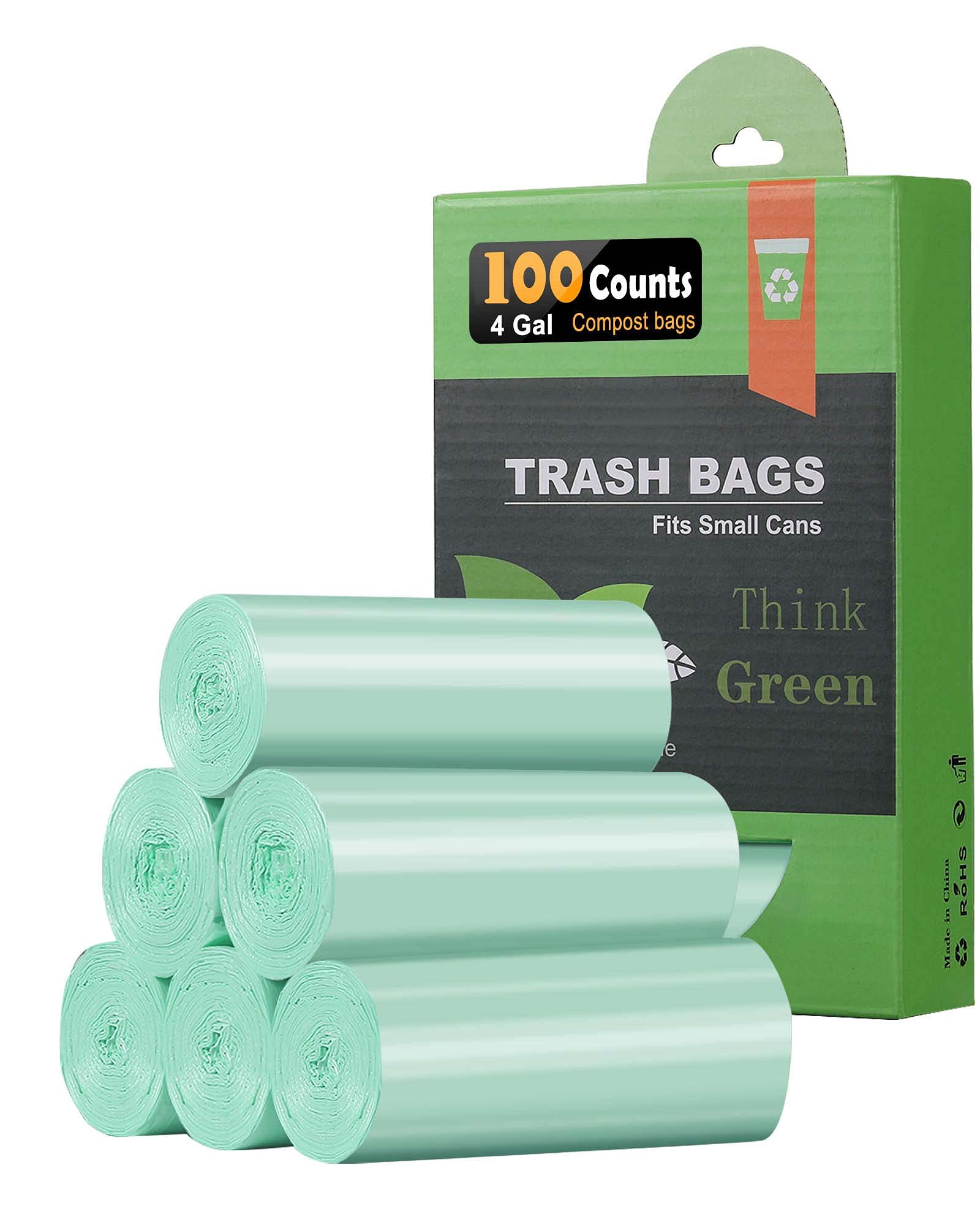 AYOTEE 100 Count Small Trash Bags - 4-6 Gallon Ultra Strong Unscented Biodegradable Garbage Bags for Kitchen, Bathroom, Bedroom, Office, Pet & Car | Eco-Friendly Waste Basket Liners (Green) - Perfect for Daily Household Use, Travel & Small Space Organization