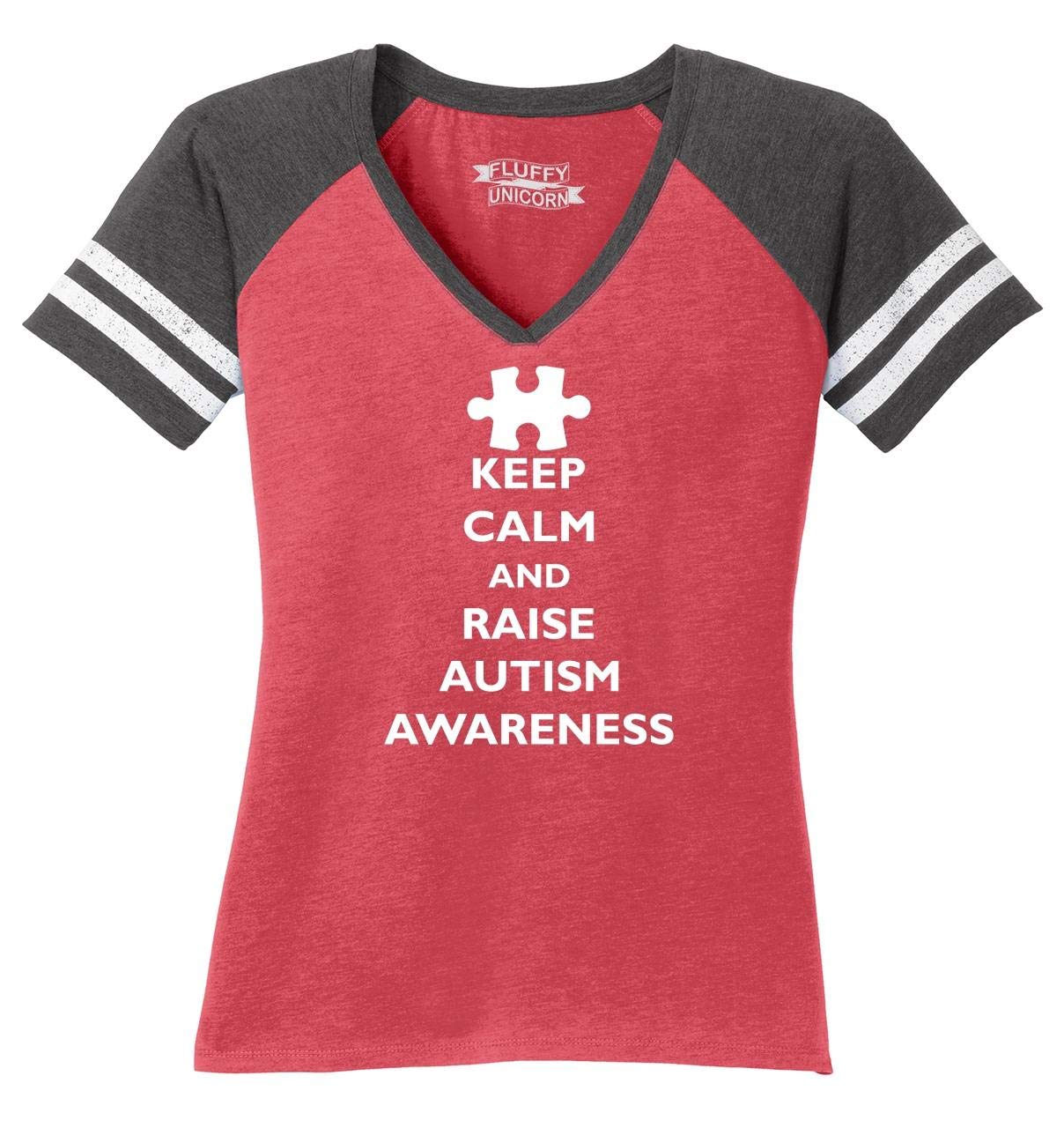 Funny Autism Awareness V-Neck T-Shirt for Women - Keep Calm and Raise Awareness Comfortable Cotton Tee - Perfect for Casual Wear, Fundraising Events & Autism Support Groups