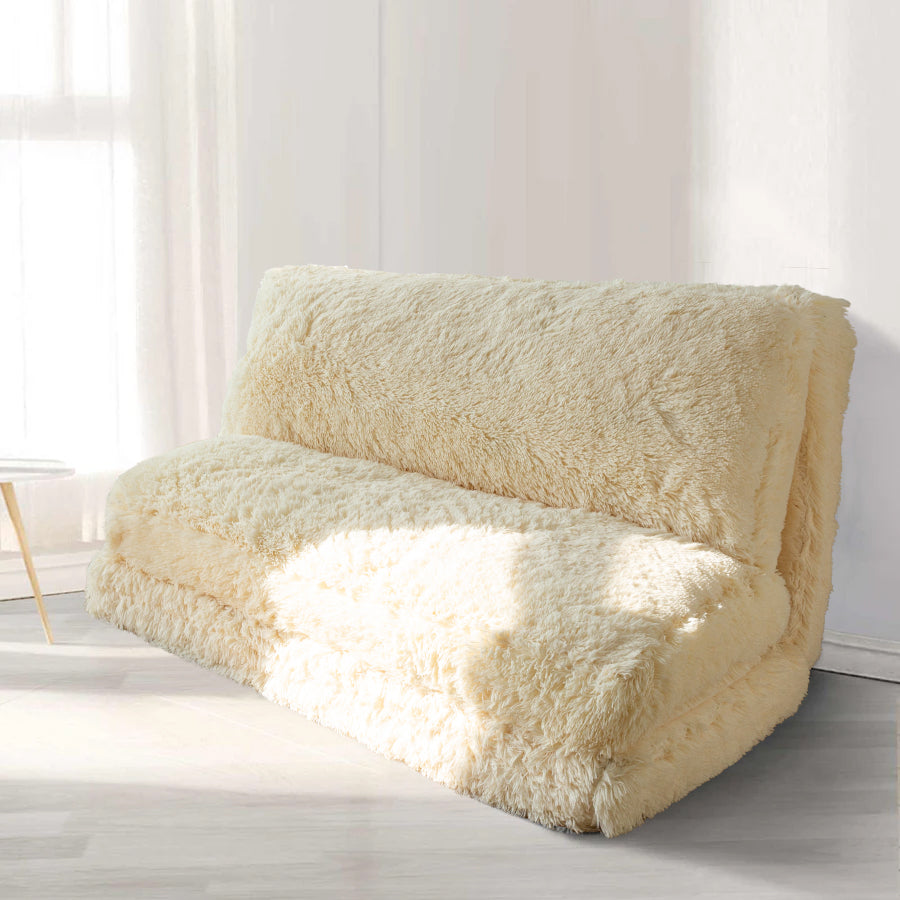 MAXYOYO Folding Bean Bag Sofa Bed - Soft Faux Fur Floor Couch with Foam Filling, Convertible Sleeper Chair in Beige | Perfect for Small Spaces, Living Rooms, Dorms & Movie Nights