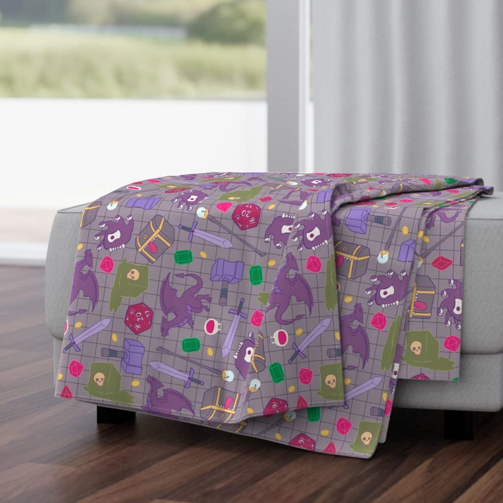 Soft Plush Minky Throw Blanket 50x70 Inches - Purple Dice & Dragon Print for Tabletop Gaming, Kids Room Decor, Cozy Gift for Gamers & Fantasy Lovers