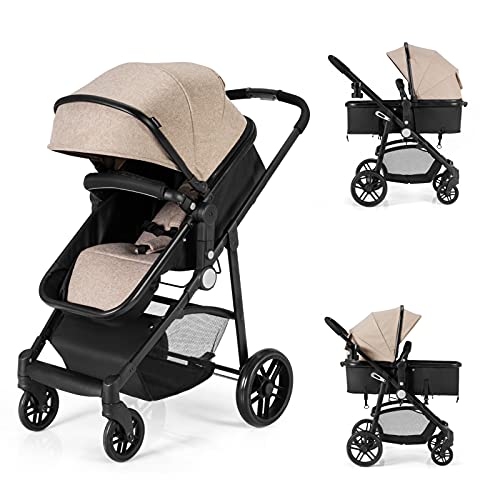 HONEY JOY Baby Stroller - Convertible Infant Bassinet with Adjustable Canopy & Backrest, Foldable Newborn Carriage with Storage Basket & Cup Holder (Coffee) | Perfect for Outdoor Walks, Shopping & Travel