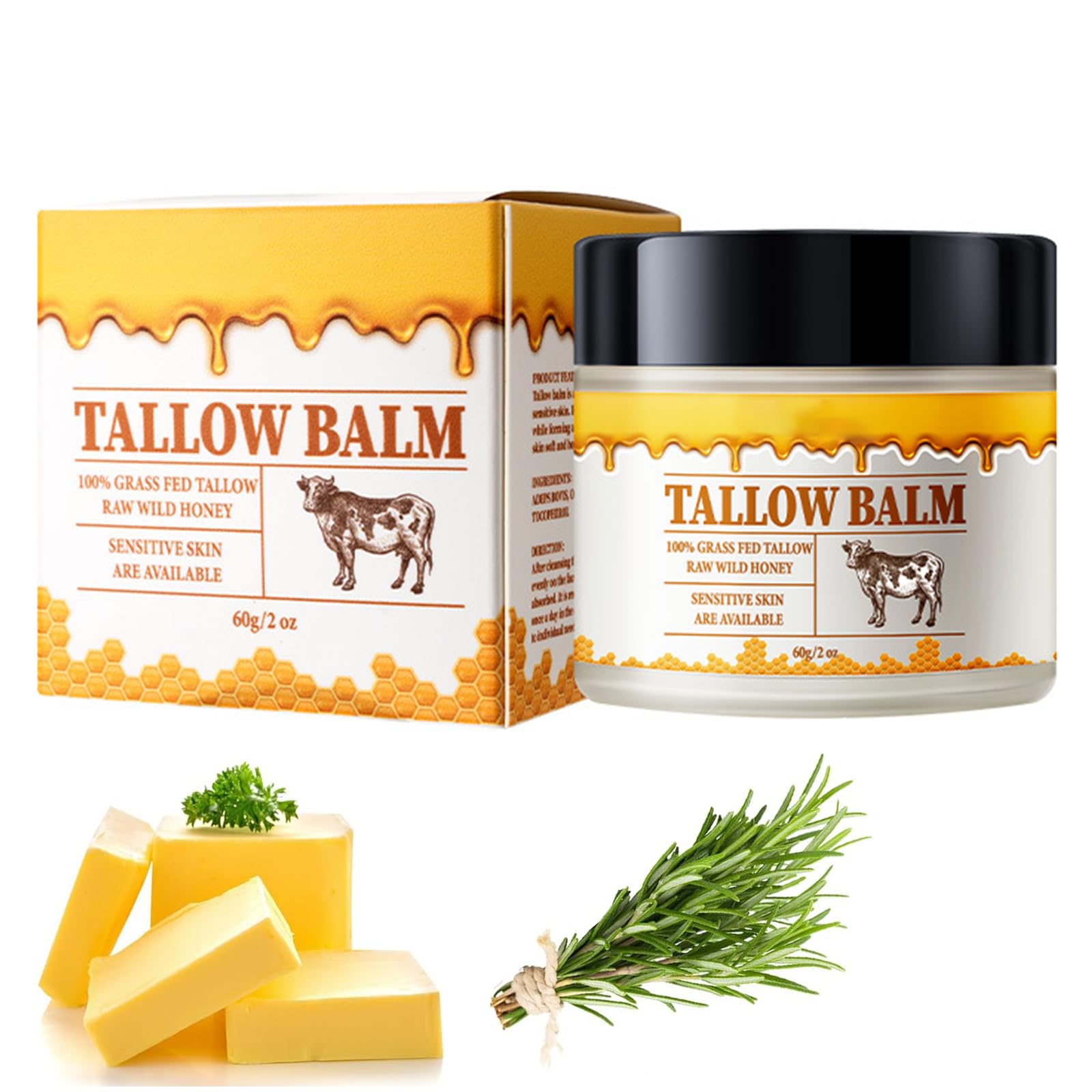 Organic Grass-Fed Beef Tallow Balm with Raw Honey - Natural Face & Body Moisturizer for Sensitive Skin | Tallow and Honey Cream for Dry Skin Care | Hydrating Skin Treatment for Eczema & Dermatitis Relief | Perfect for Daily Skincare Routine & Nighttime Hydration