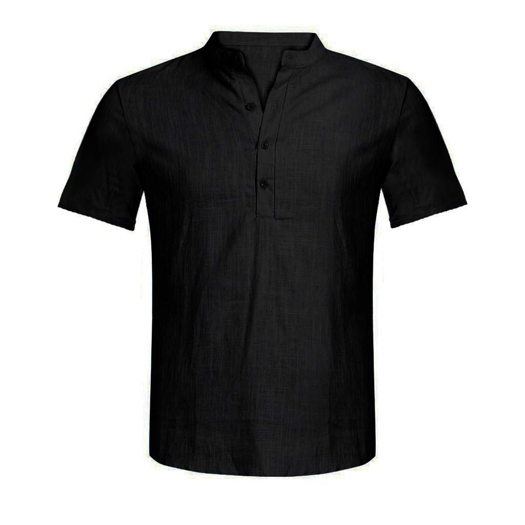 Burband Men's Short Sleeve Cotton Linen Shirt - Casual Slim Fit Henley V-Neck Top for Summer, Beach, Yoga & Outdoor Activities | Breathable & Lightweight Hippie Style Shirt
