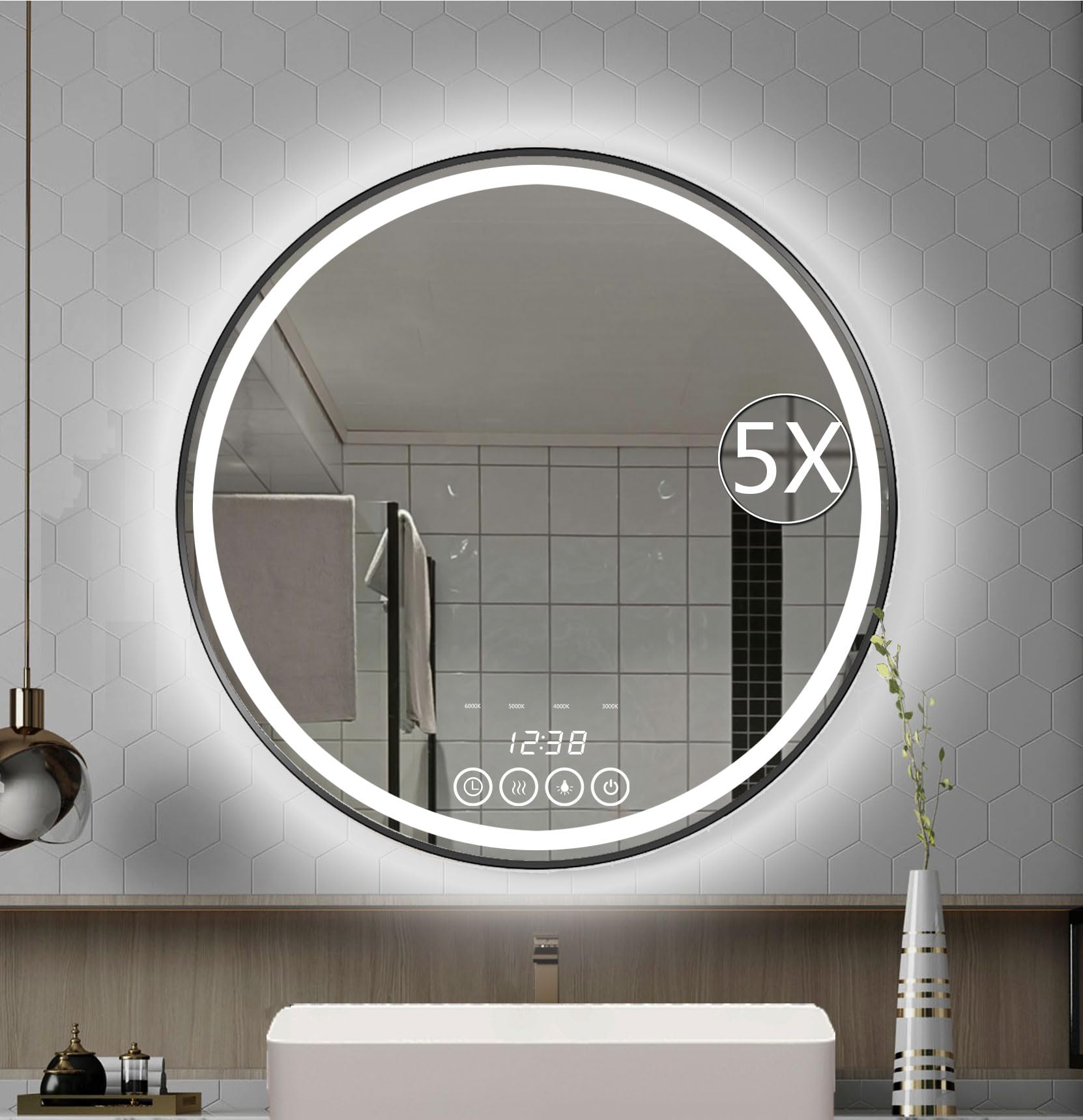 24 Inch Round LED Bathroom Mirror with Black Frame - Wall Mounted Vanity Mirror for Modern Bathrooms (24