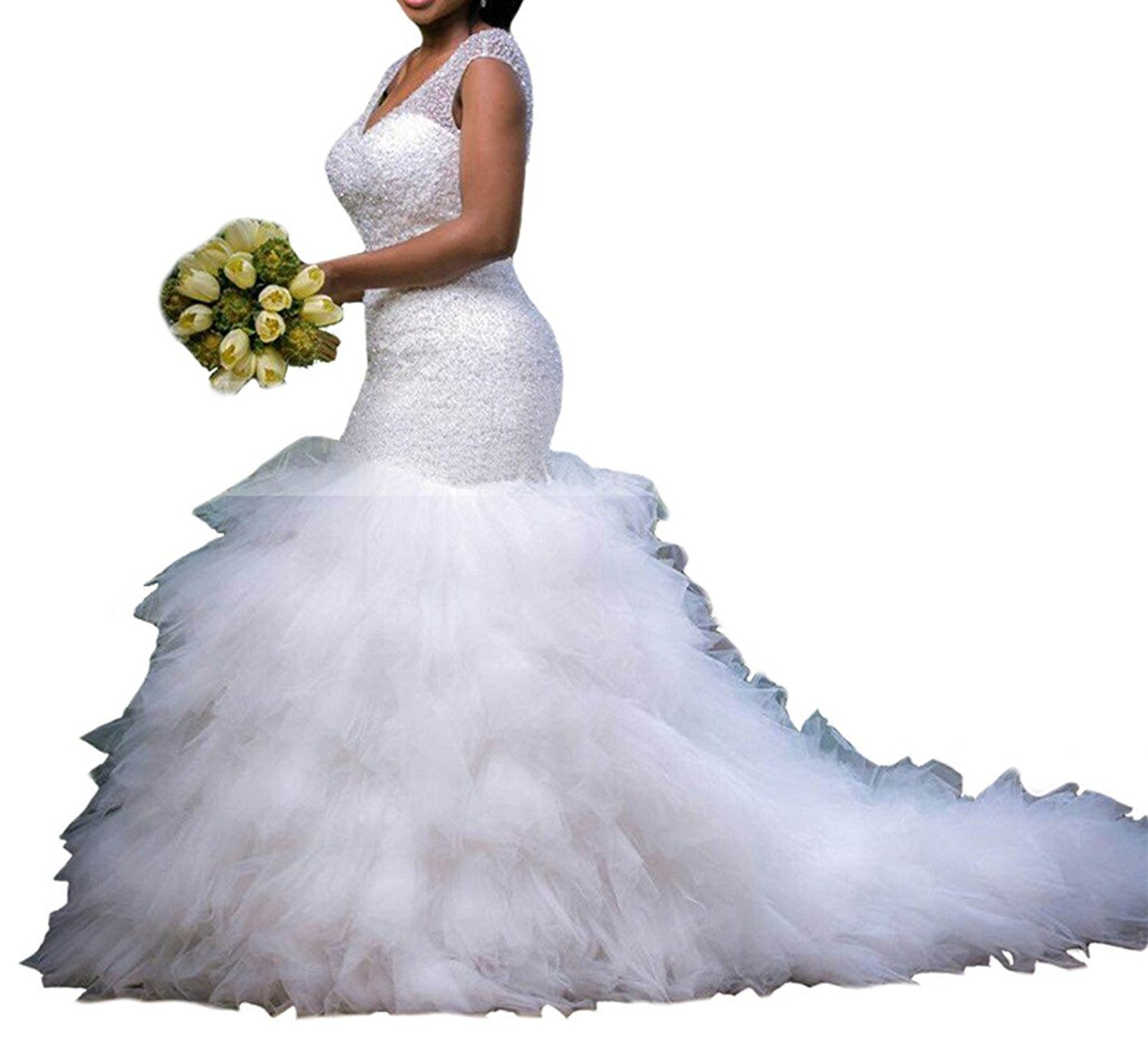 2023 Luxury Beaded Mermaid Wedding Dress for Bride - Elegant White Bridal Gown with Crystal Details | Perfect for Beach Weddings, Vow Renewals & Formal Ceremonies