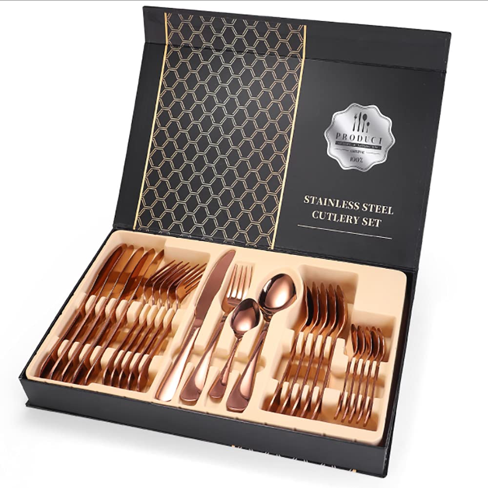 Premium Ebrima 24-Piece Stainless Steel Flatware Set - Rose Gold Mirror Polished Cutlery Set with Knives, Forks, Spoons & Teaspoons - Elegant Dinnerware for 6, Wedding Gift & Formal Dining Occasions