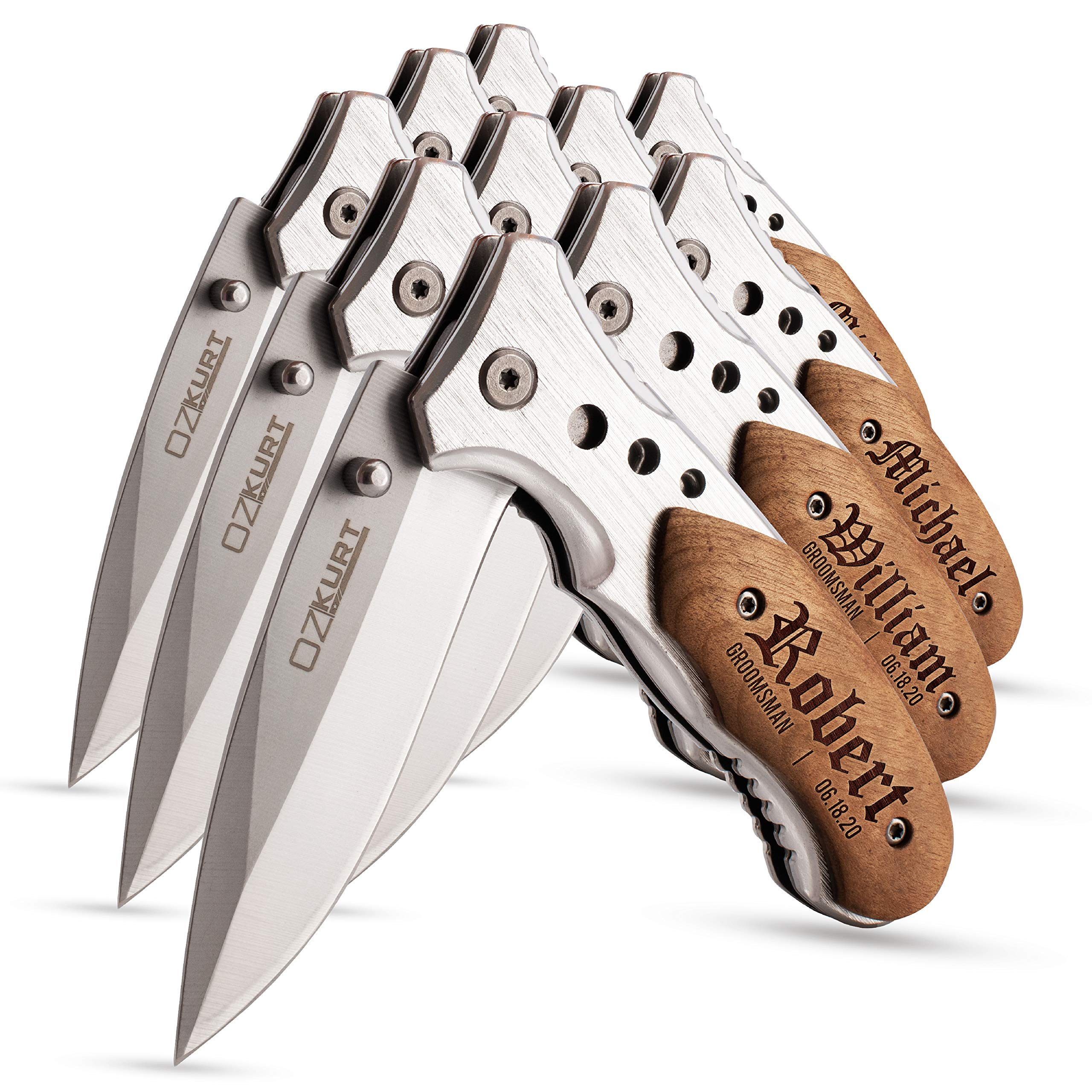 Personalized Engraved Tactical Pocket Knives for Men - Set of 10 Assisted Opening EDC Knives with Clip - Perfect Groomsmen Gifts, Anniversary, Wedding, Birthday Presents for Him, Dad, Boyfriend - Great for Outdoor Activities, Camping, Hiking & Everyday Carry