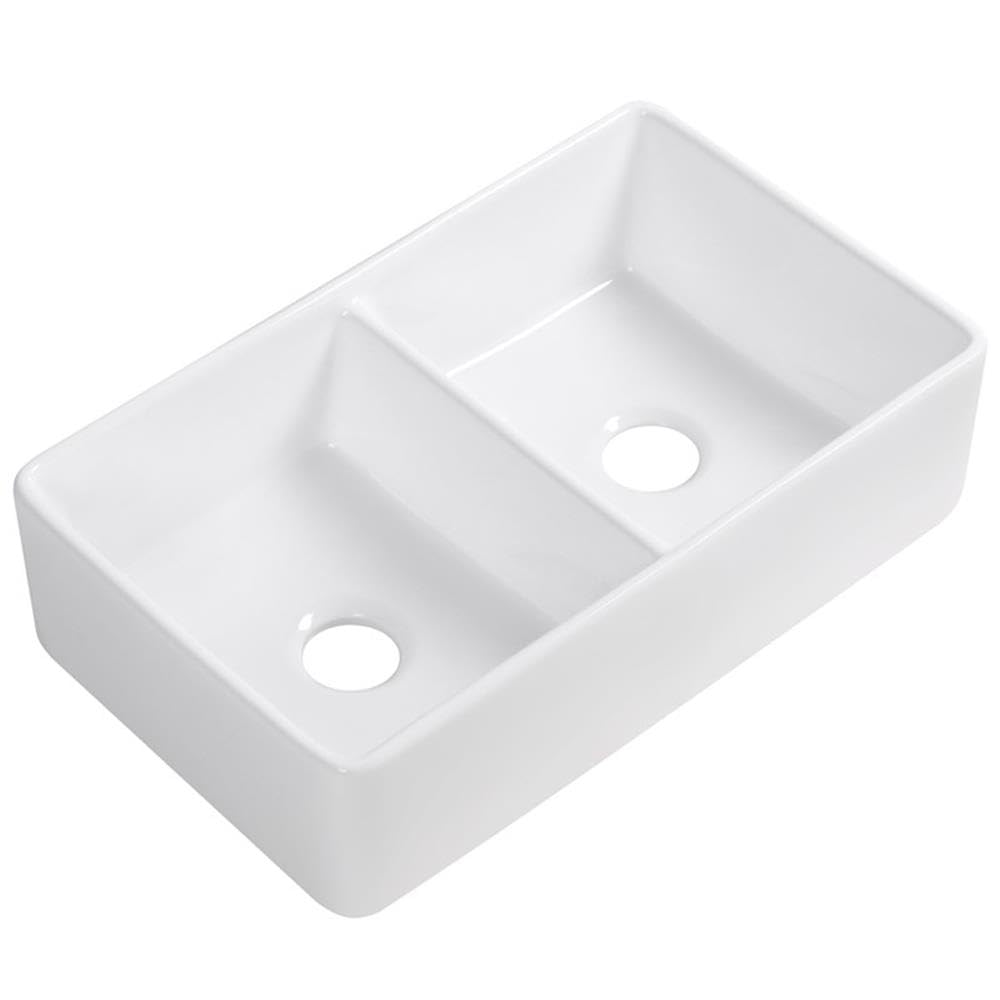 Trieste 32-Inch White Ceramic Double Bowl Farmhouse Apron Kitchen Sink - Perfect for Rustic & Modern Kitchens, Dishwashing & Food Prep