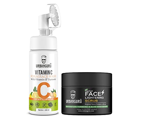 URBANGURU Men's Vitamin C & Turmeric Foaming Face Wash with Silicone Cleanser Brush (150ml) + Herbal Skin Brightening Scrub (100g) - Sulfate & Paraben Free for Acne Prevention & Dark Spot Reduction - Perfect for Daily Skincare Routine & Travel Essentials
