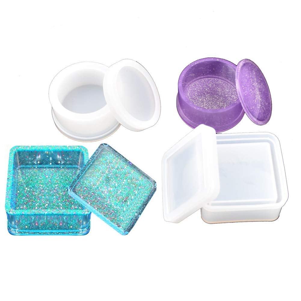 Premium Resin Storage & Jewelry Box Molds with Lid - Heart, Square, Hexagon Shapes for DIY Epoxy Gift Boxes (Round+Square) - Perfect for Crafting, Wedding Favors & Home Decor
