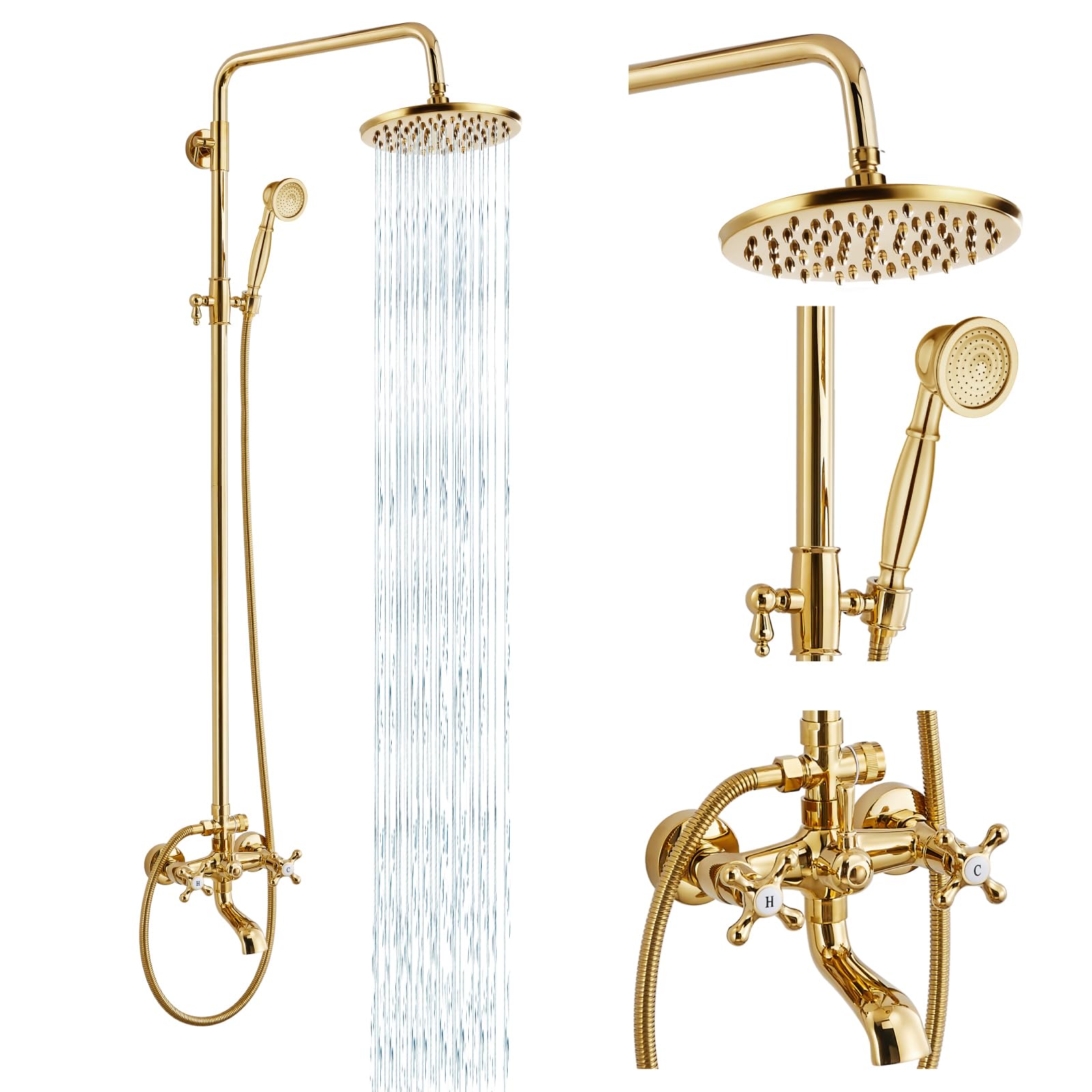 Gotonovo 8 Inch Exposed Shower Faucet Set with Rainfall Showerhead - 3-Function Shower System with Tub Spout & Cross Handles in Polish Gold - Perfect for Bathroom Renovation & Luxury Spa Experience