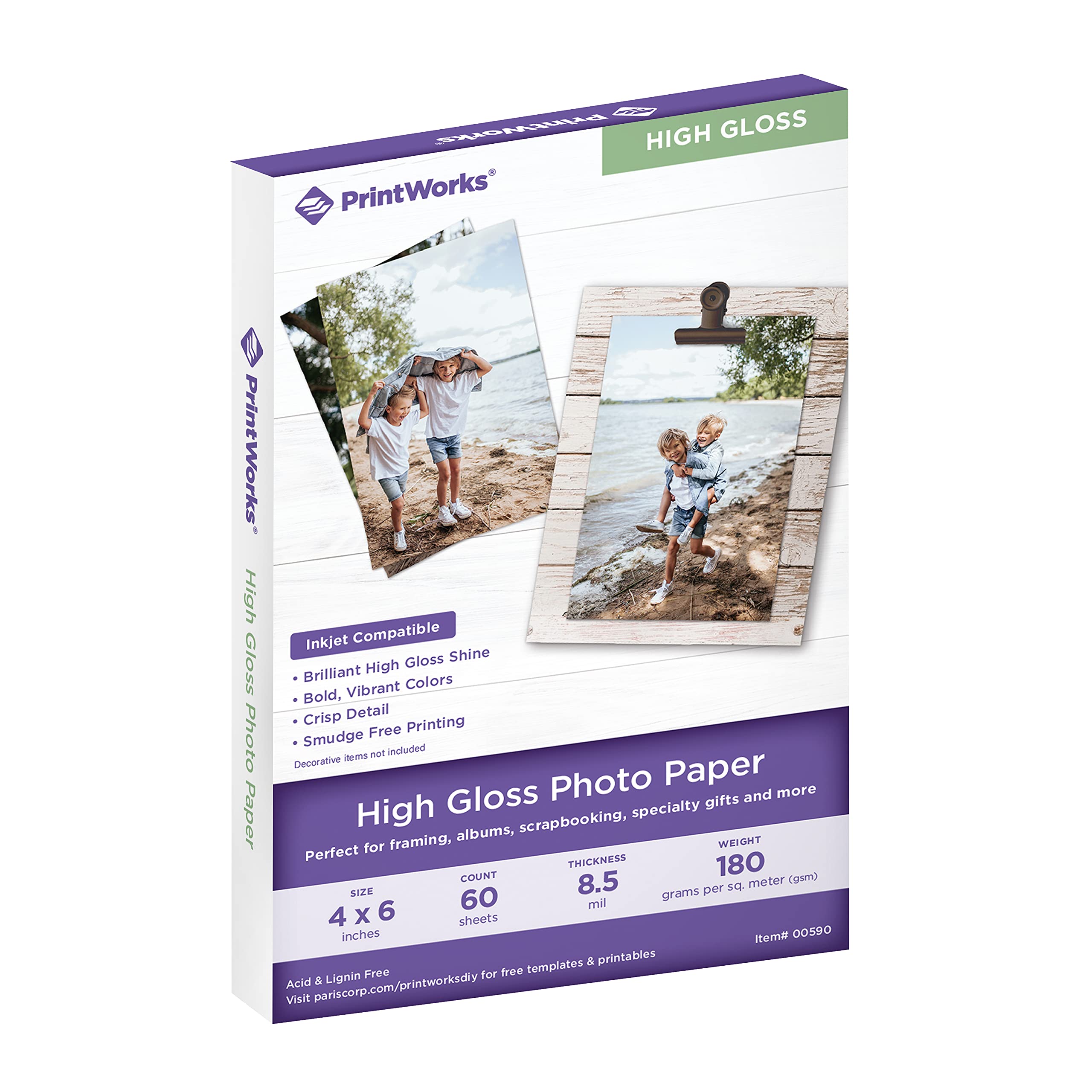 Printworks High Gloss Photo Paper for Inkjet Printers - 8.5 mil Thick, 60 Sheets, 4x6 Inches (00590) - Perfect for Vibrant Photo Printing, Scrapbooking & Craft Projects