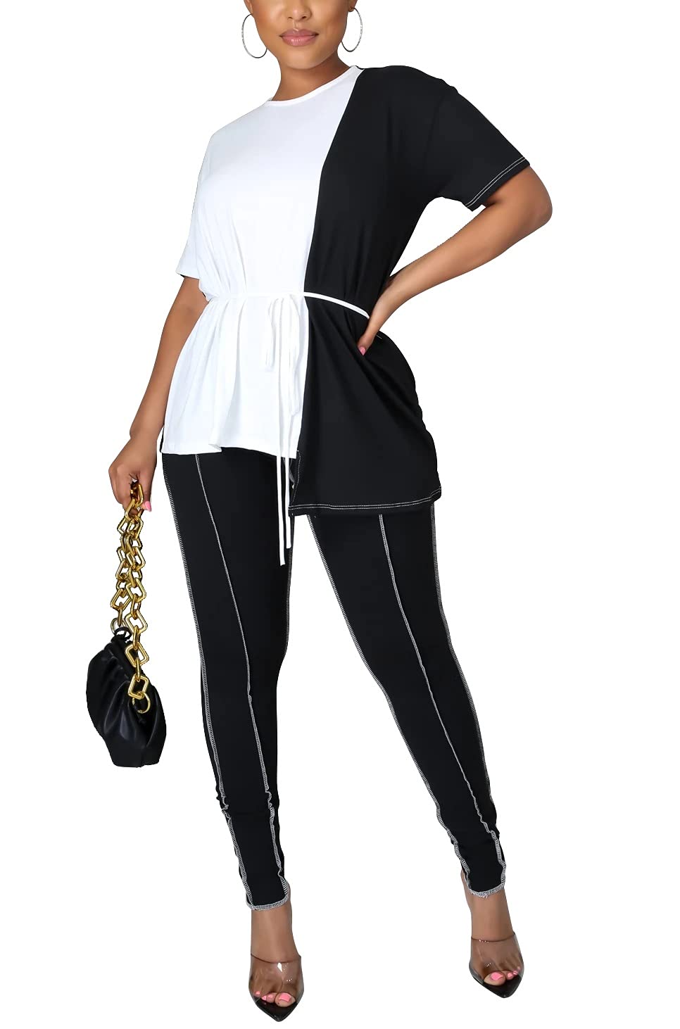 KSOTUTM Women's 2-Piece Outfit - Color Block Short Sleeve Tunic Top & Skinny Pants Set | Casual Summer Outfit for Work, Date Night & Travel