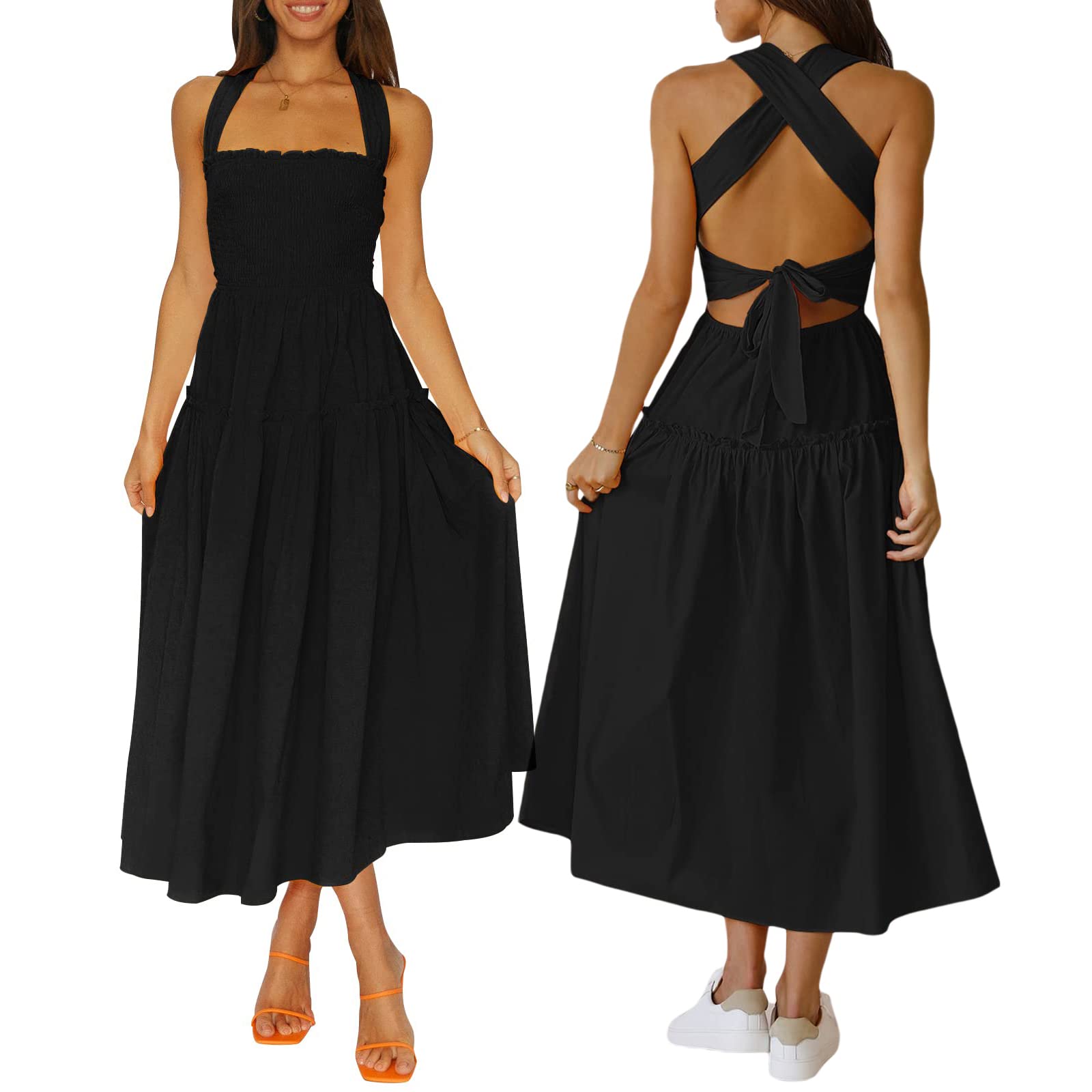 Women's Summer Pleated Maxi Dress - Halter Neck, Cross Back Beach Sundress with Smocked Waist & Flowy Tiered Skirt | Perfect for Beach Parties, Vacations & Outdoor Events