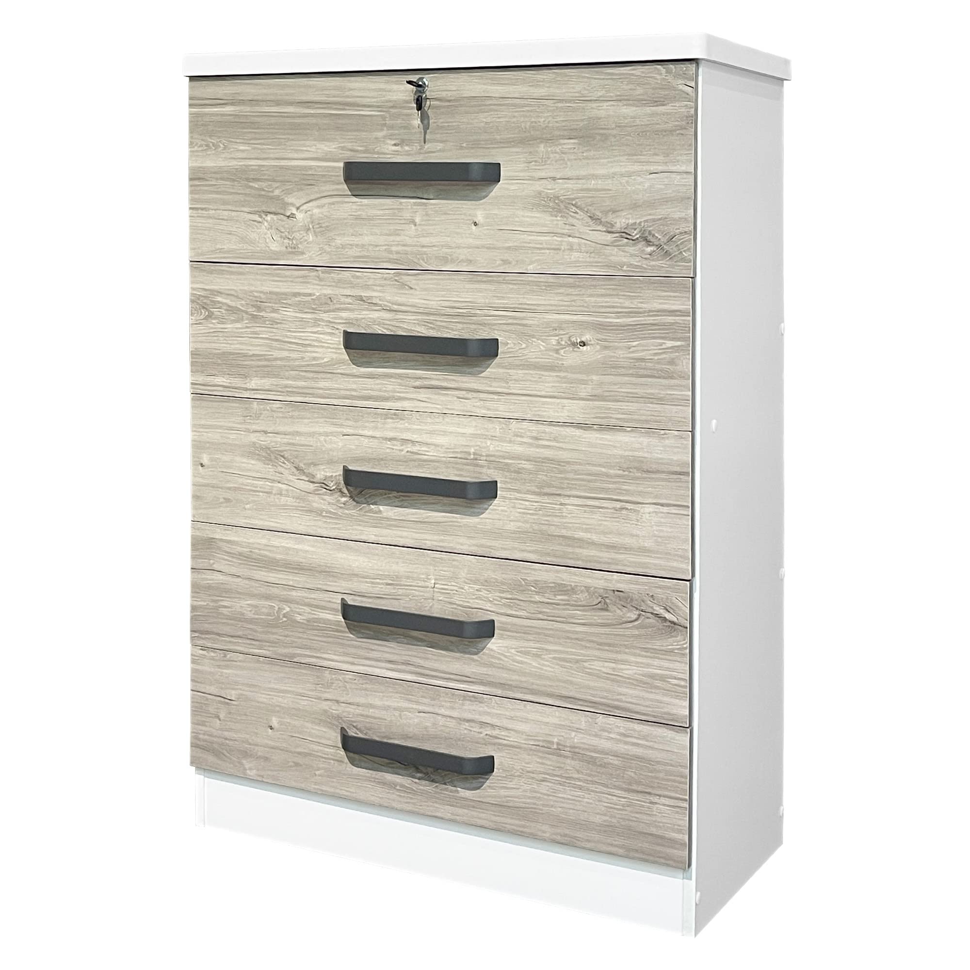 Better Home Products Xia 5-Drawer Dresser - White & Gray Oak Finish, Modern Bedroom Storage Solution for Clothes, Linens & Accessories