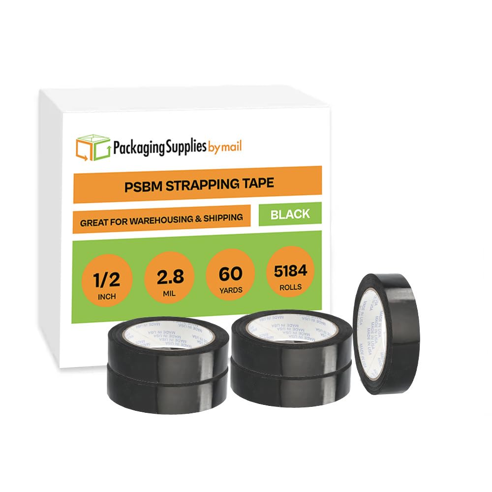 PSBM 1/2 Inch x 60 Yards Heavy Duty Strapping Tape - 5184 Pack Black Polypropylene Bundling Tape for Palletizing, Shipping & Packaging - Ideal for Warehouse, Moving & Industrial Reinforcement