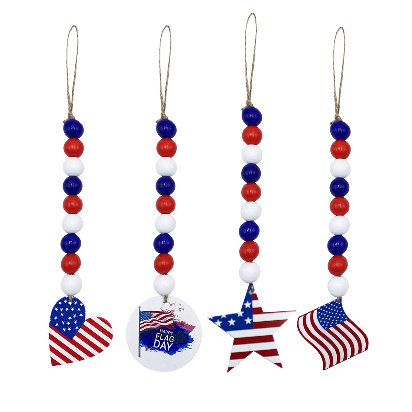 American Flag Decorations - Patriotic Wooden Bead Pendant with Tassels for Independence Day, 4-Piece Set - Perfect for Wall Decor, Home & Party Celebrations