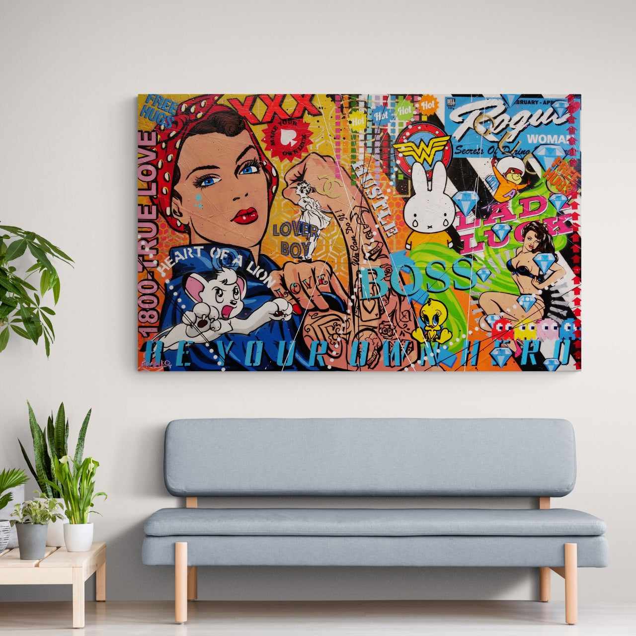 Diamond Rosie 160cm x 100cm Textured Urban Pop Art Canvas Painting - Rosie The Riveter Inspired Wall Decor for Living Room, Bedroom & Office