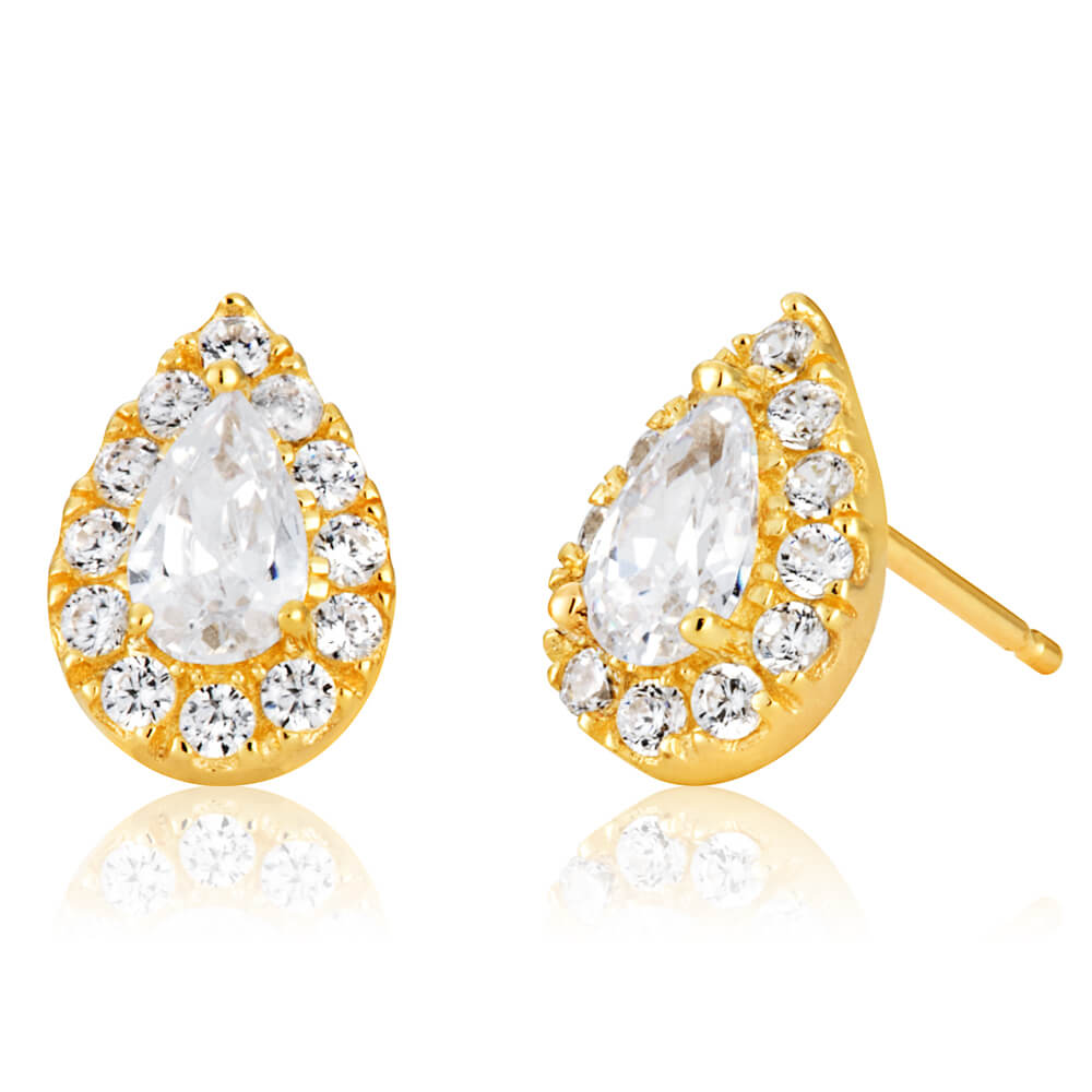 9ct Yellow Gold Pear Shaped Halo Stud Earrings with Cubic Zirconia - Perfect for Weddings, Anniversaries & Special Occasions